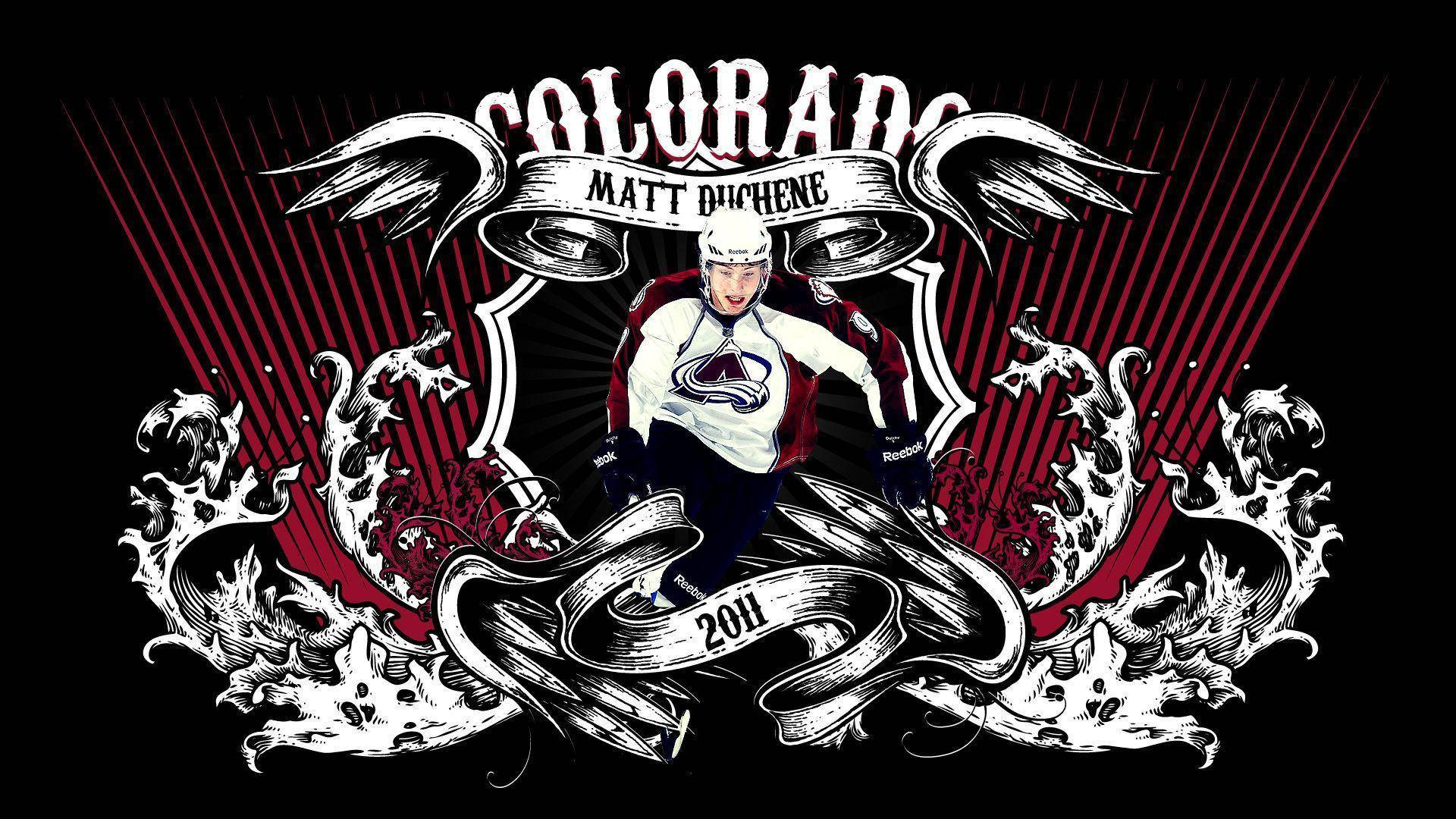 冰球運動員 Matt Duchene 身穿科羅拉多雪崩隊裝備，帶有華麗的黑紅設計元素。