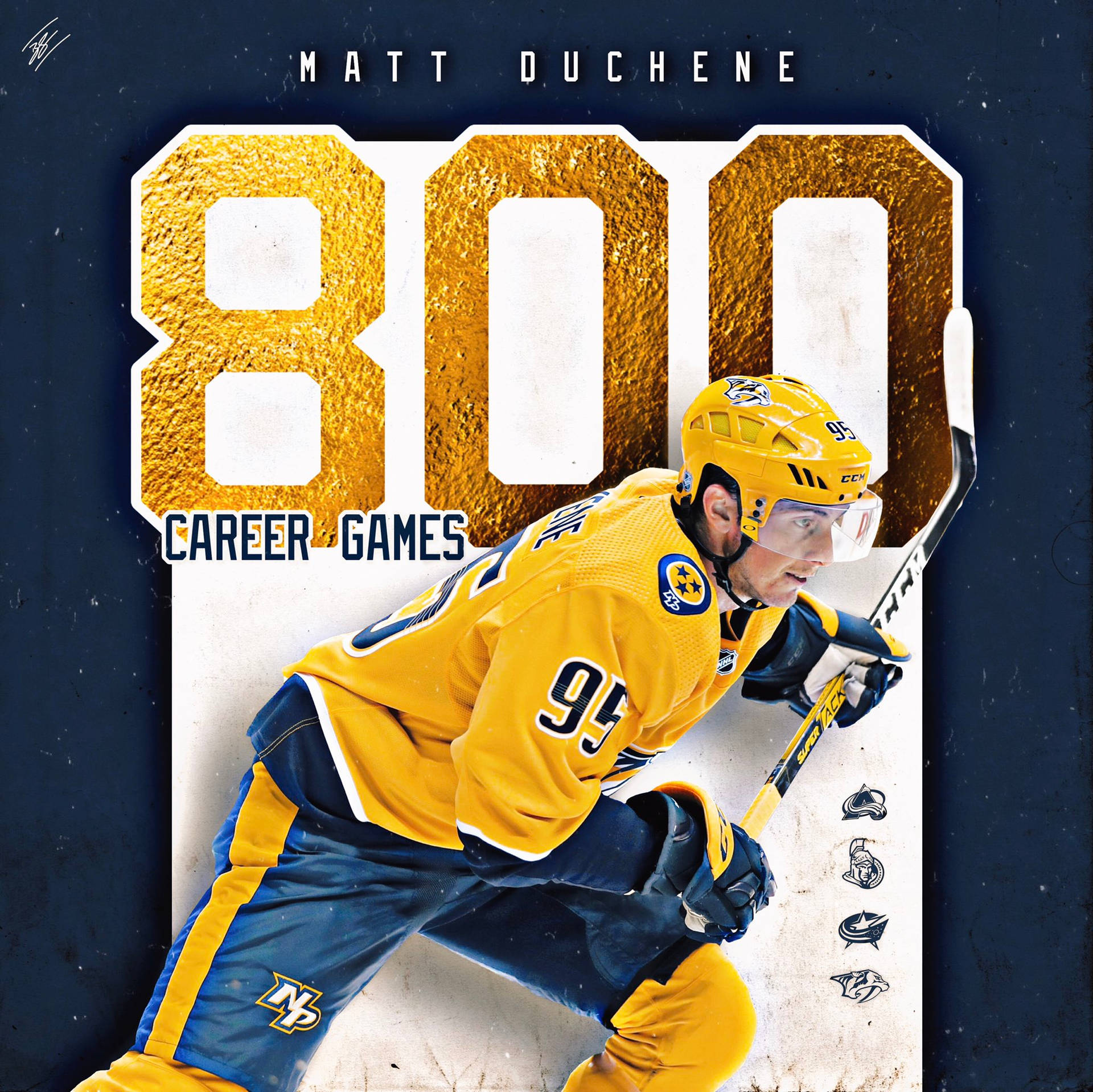 冰球運動員 Matt Duchene 身穿黃色球衣慶祝職業生涯第800場比賽。