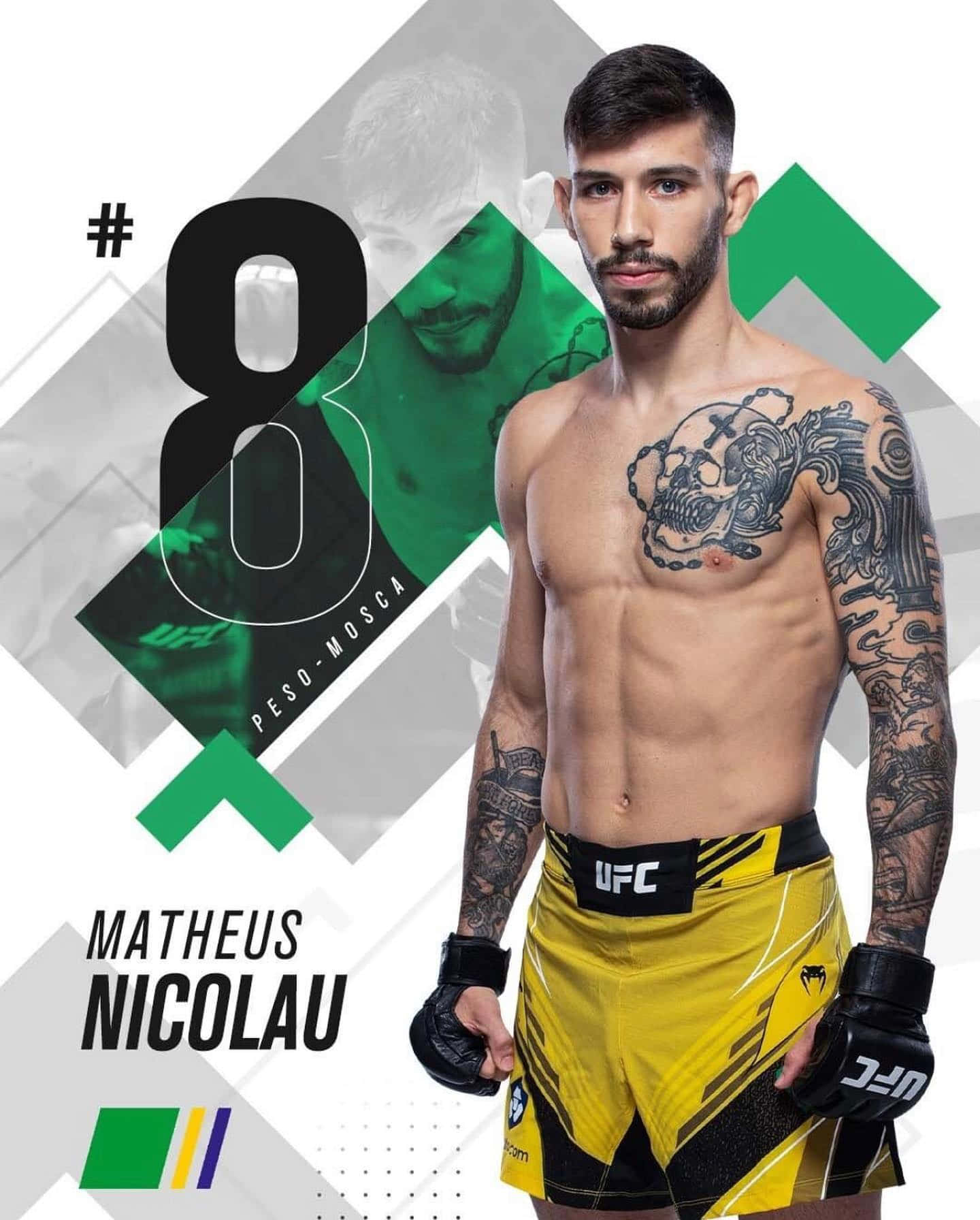 UFC拳手Matheus Nicolau身穿黃色短褲和手套，帶有紋身