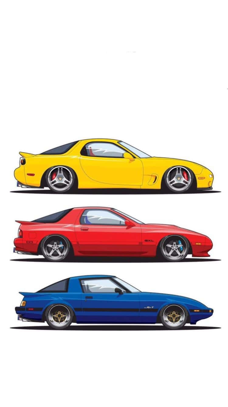 三輛色彩繽紛的卡通跑車黃色、紅色和藍色並排展示。