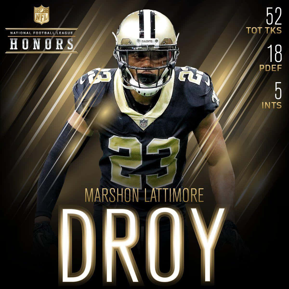 馬許恩·拉蒂莫爾NFL榮譽海報 壁紙 — NFL 球員 MarShon Lattimore 身穿聖徒隊裝備，自信地站在金色條紋背景前，展示他的榮譽統計數據。