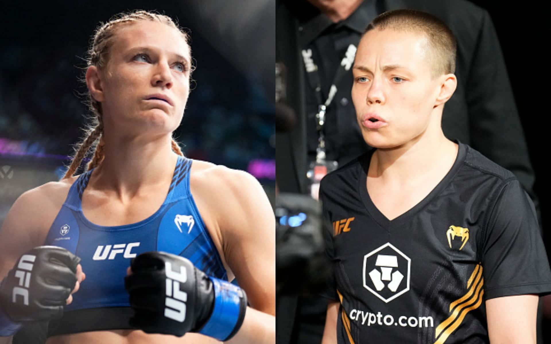 馬諾·菲奧羅與羅斯·納馬朱納斯 壁紙 — 兩名身穿戰鬥裝備的女性UFC拳手在場館燈光下，於賽前一刻激烈對視。