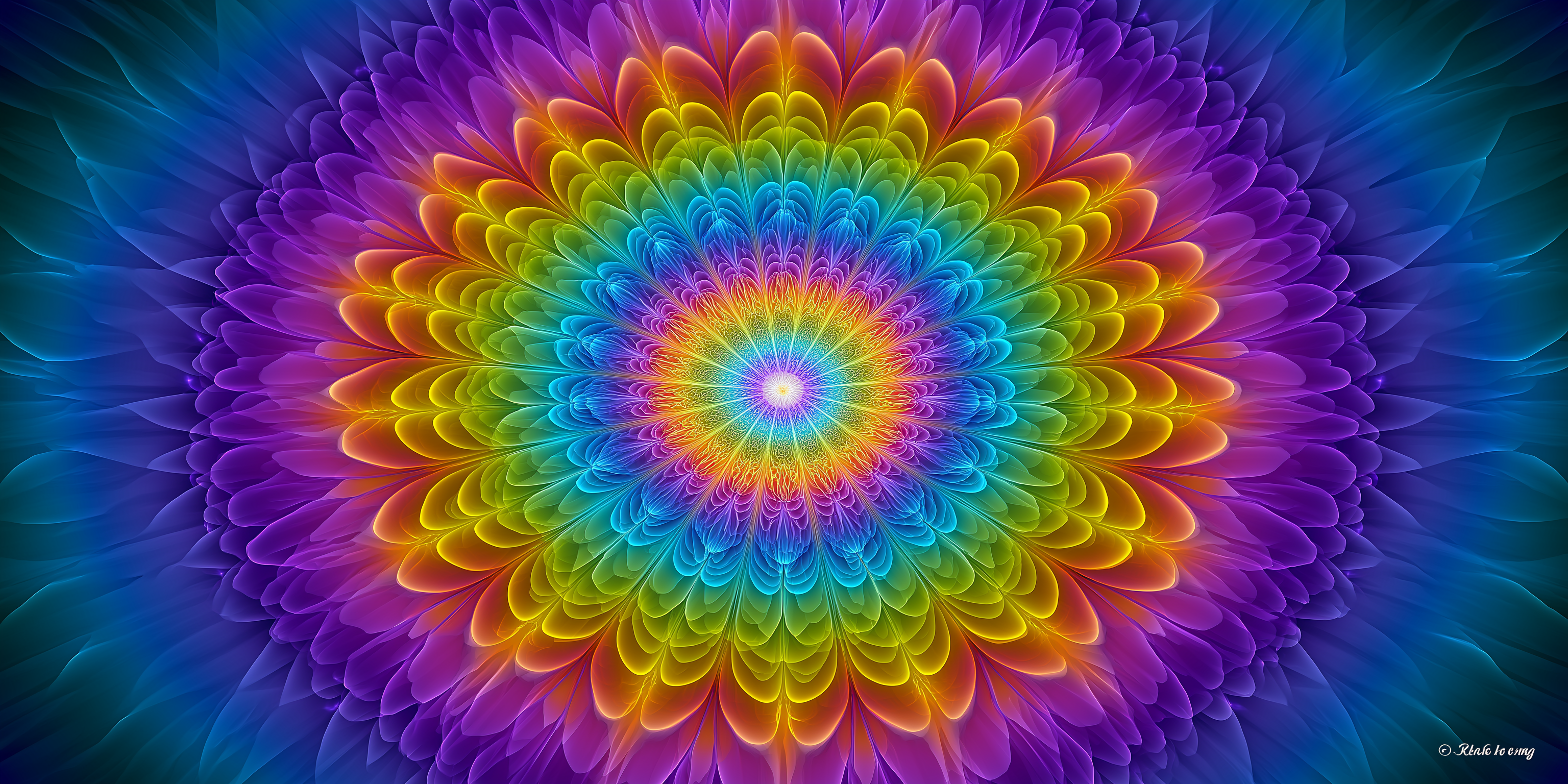 馬賽克曼陀羅彩窗 壁紙 — 一個閃耀的分形曼陀羅在深藍色漸變背景上爆發出同心彩虹花瓣。