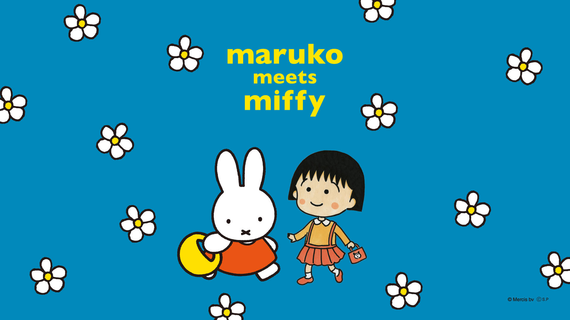 Miffy 和 Maruko 在藍色背景上與白色花朵一起行走。