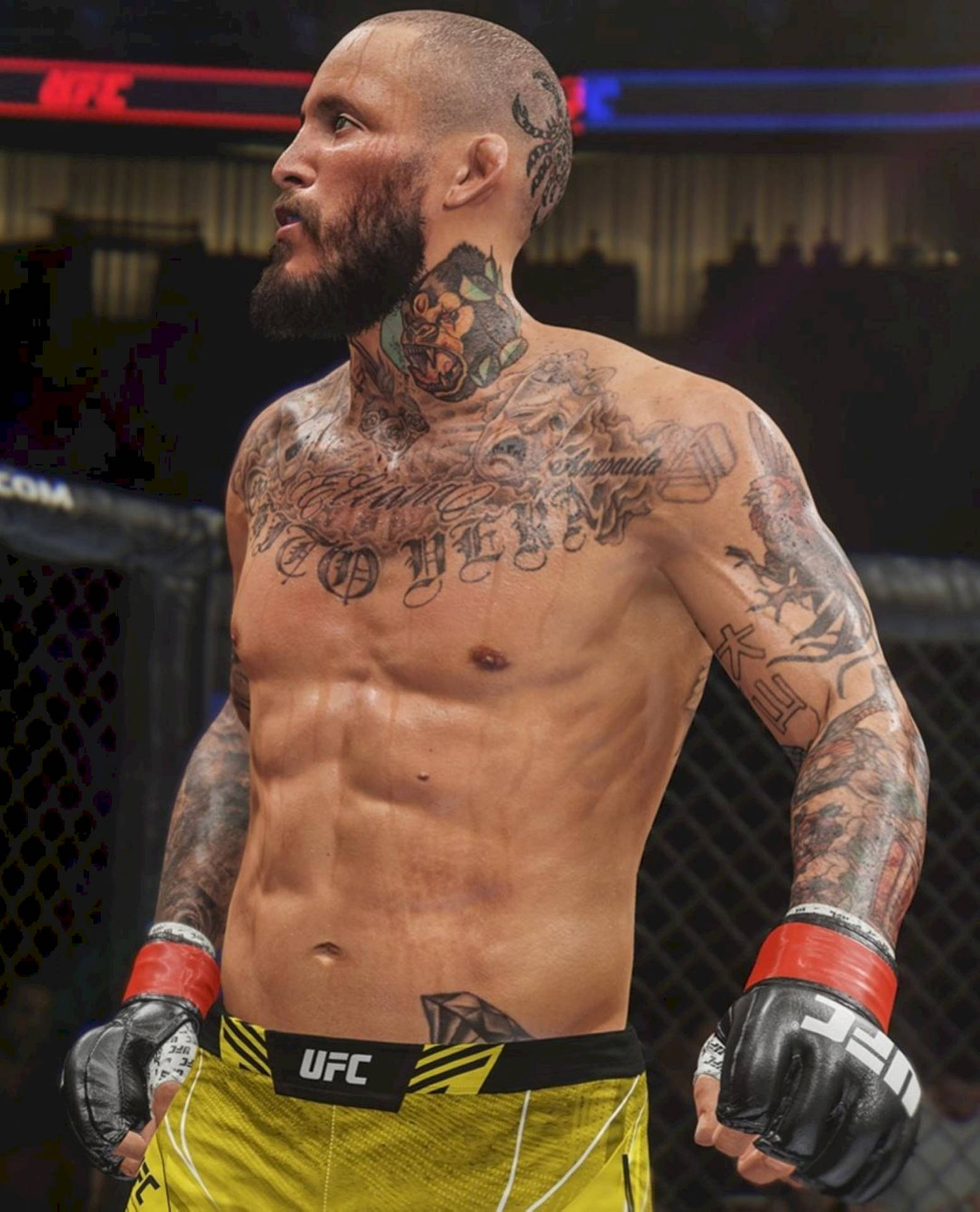 紋身UFC拳手，身穿黃色短褲和黑色手套，在八角籠內。