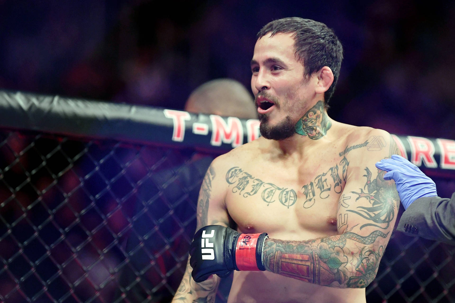 紋身MMA拳手在UFC八角籠中舉起戴手套的手慶祝勝利。