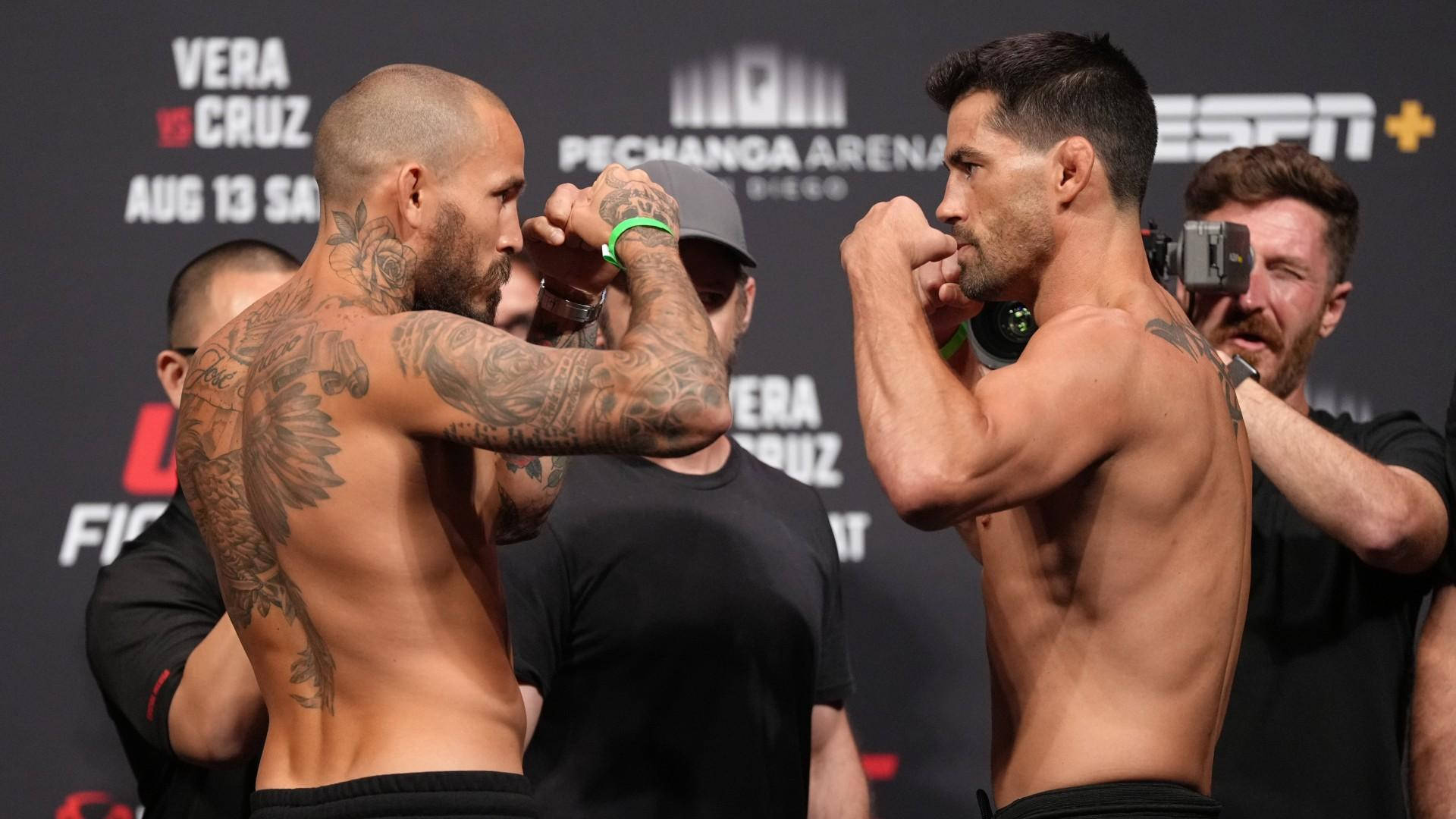 馬龍·維拉防守姿勢對手 壁紙 — 兩名紋身MMA拳手在稱重活動中進行緊張的賽前對視。