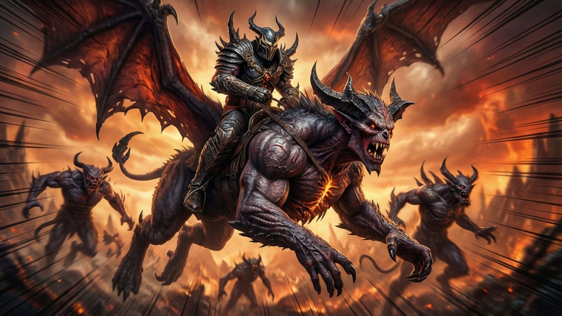 馭惡魔飛行 壁紙 — 一個身穿尖刺盔甲的黑暗騎士騎著一隻 monstrous 有翼惡魔，穿越火熱的末日天空，地獄嘍囉在後面衝鋒。