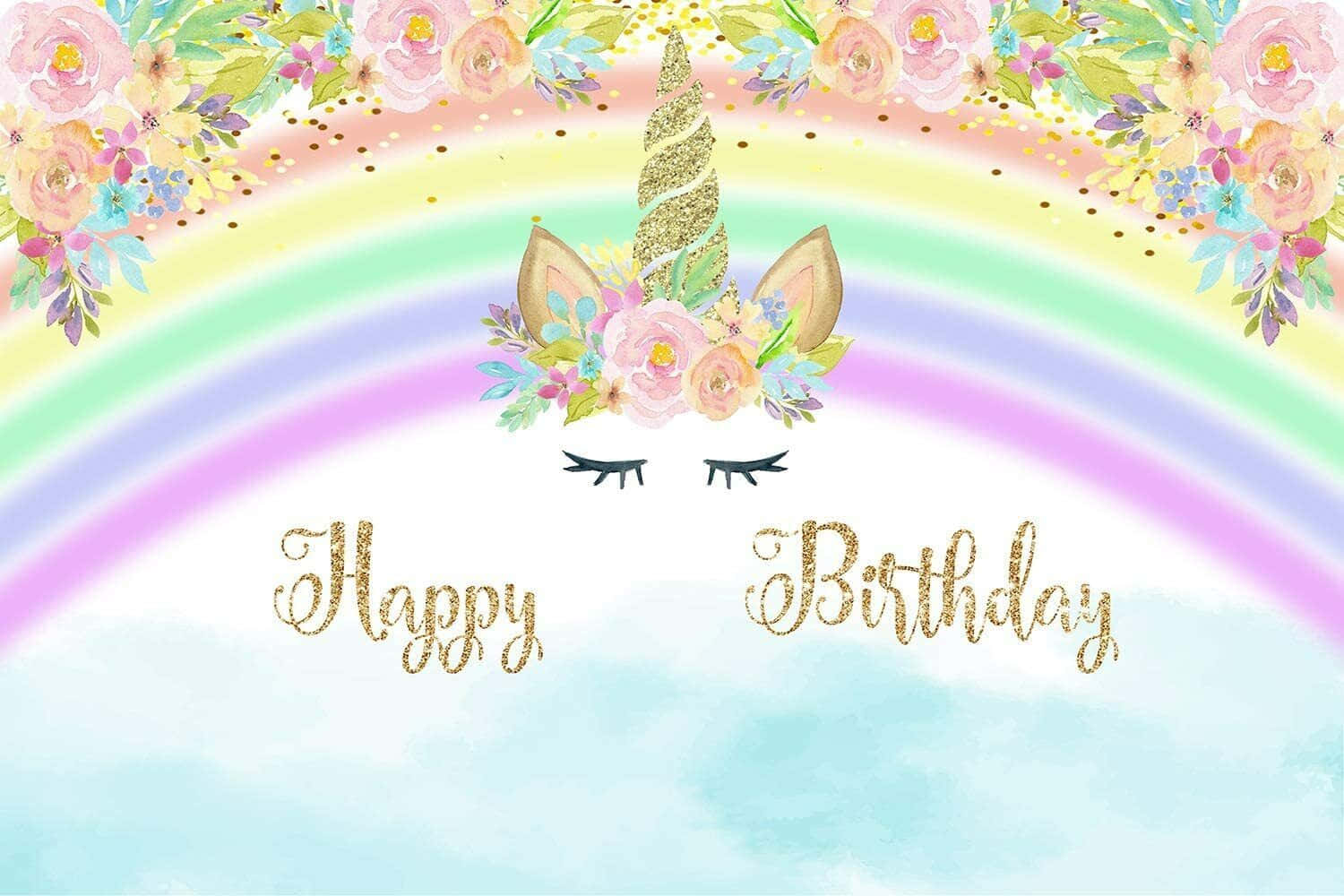 一隻閉著眼睛、戴著花冠的快樂獨角獸，在彩虹下慶祝生日。