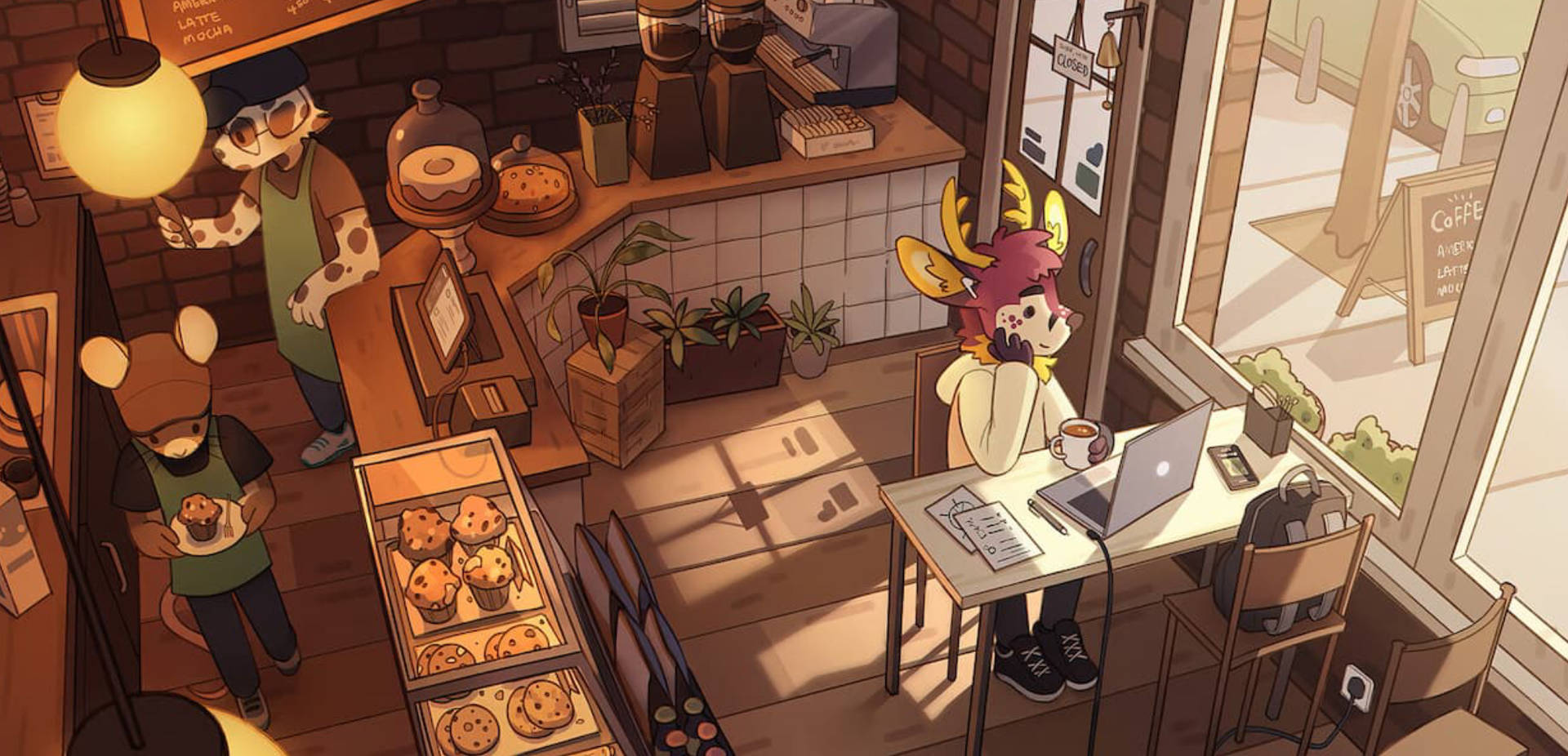 舒適咖啡館中的擬人化動物，有糕點和筆記型電腦。