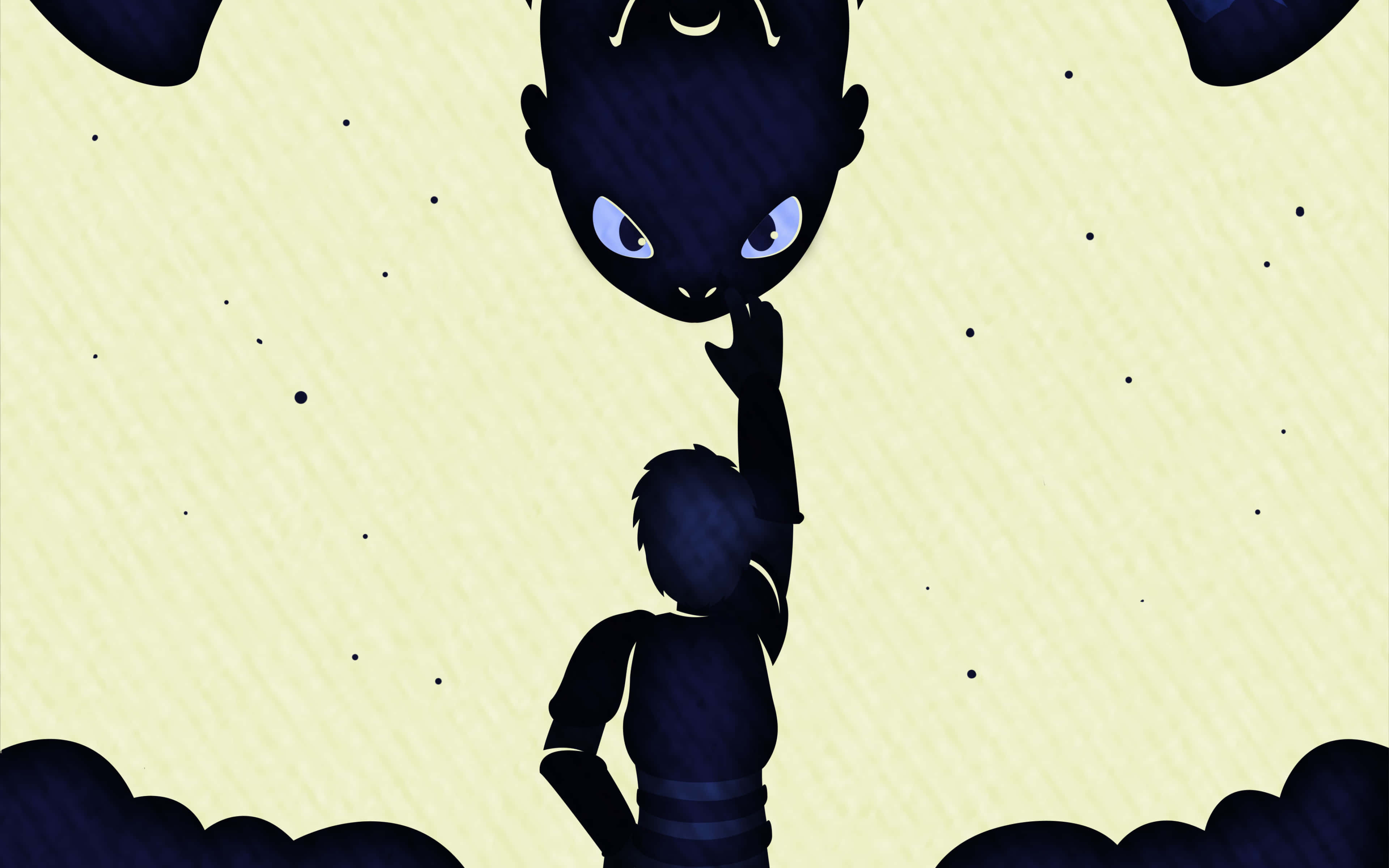 孩子在星空夜空中伸手觸摸一隻巨大發光眼睛的生物。