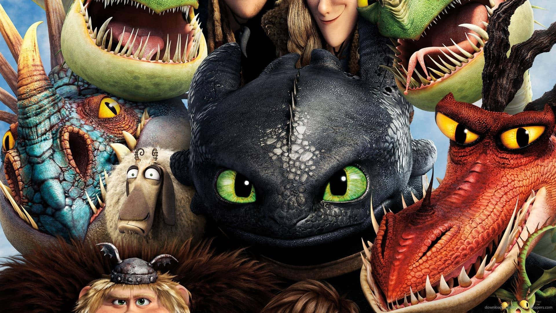 Toothless 和其他龍與維京角色在奇幻動作場景中。 — 如何訓練你的龍 壁紙
