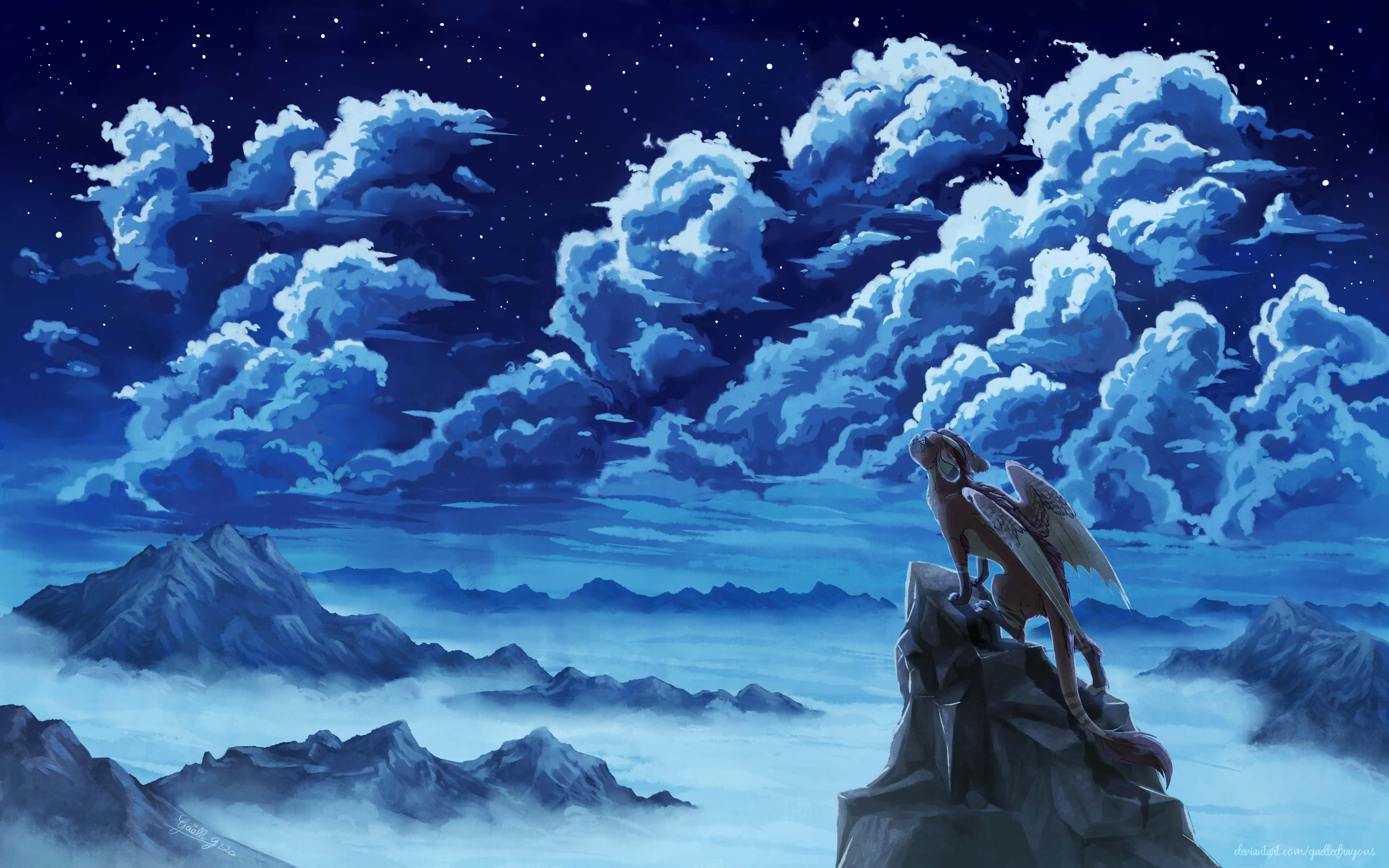 一條龍站在山頂上，星空夜空下有著發光的雲彩。