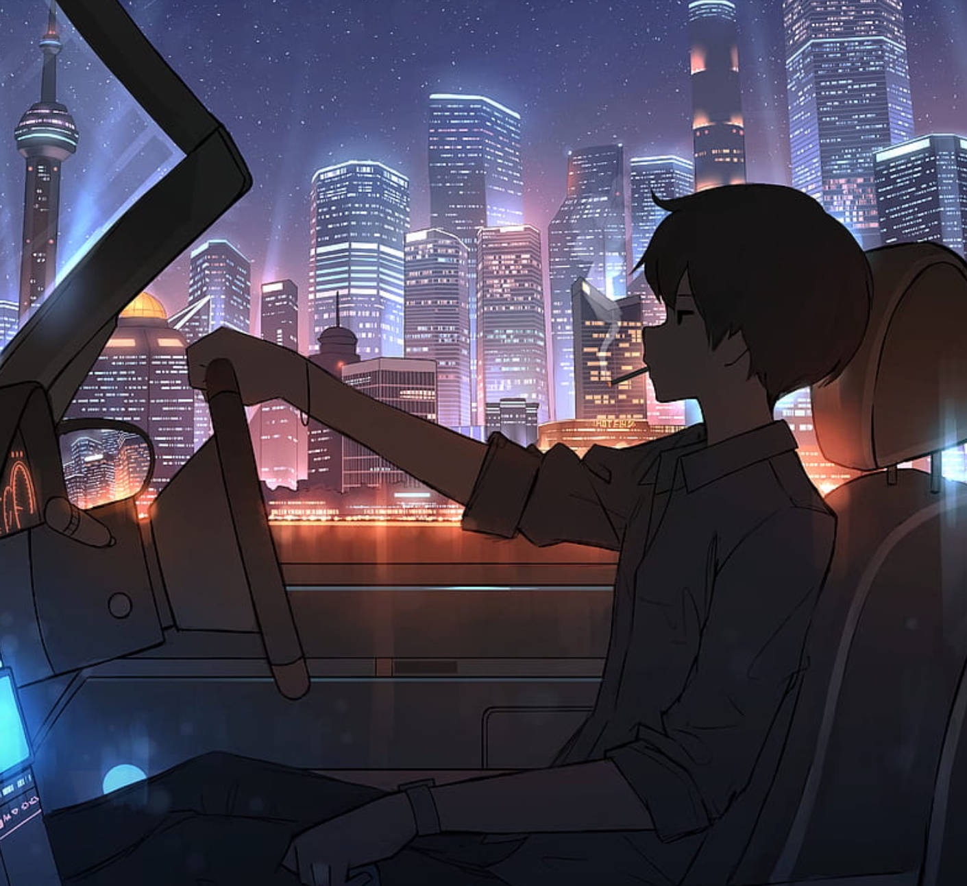 動漫青少年在敞篷車中吸煙，背景是夜晚發光的城市天際線。