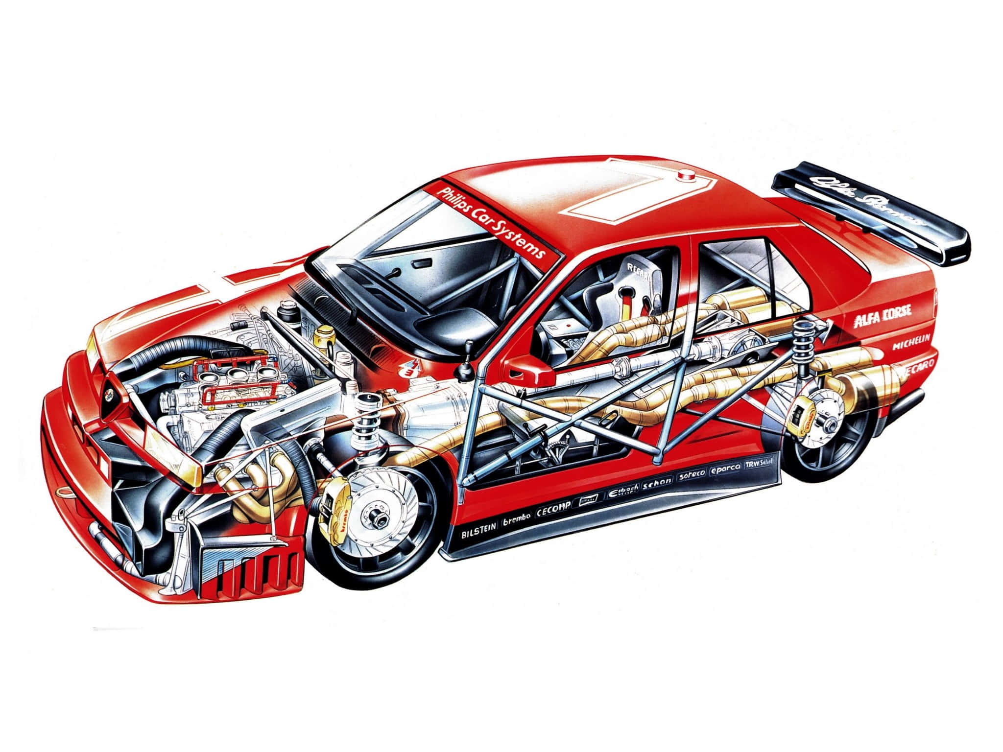 駕馭Alfa Romeo的極致快感 壁紙 — 紅色愛快羅密歐賽車的剖面插圖，揭示了複雜的引擎、懸掛和底盤部件。