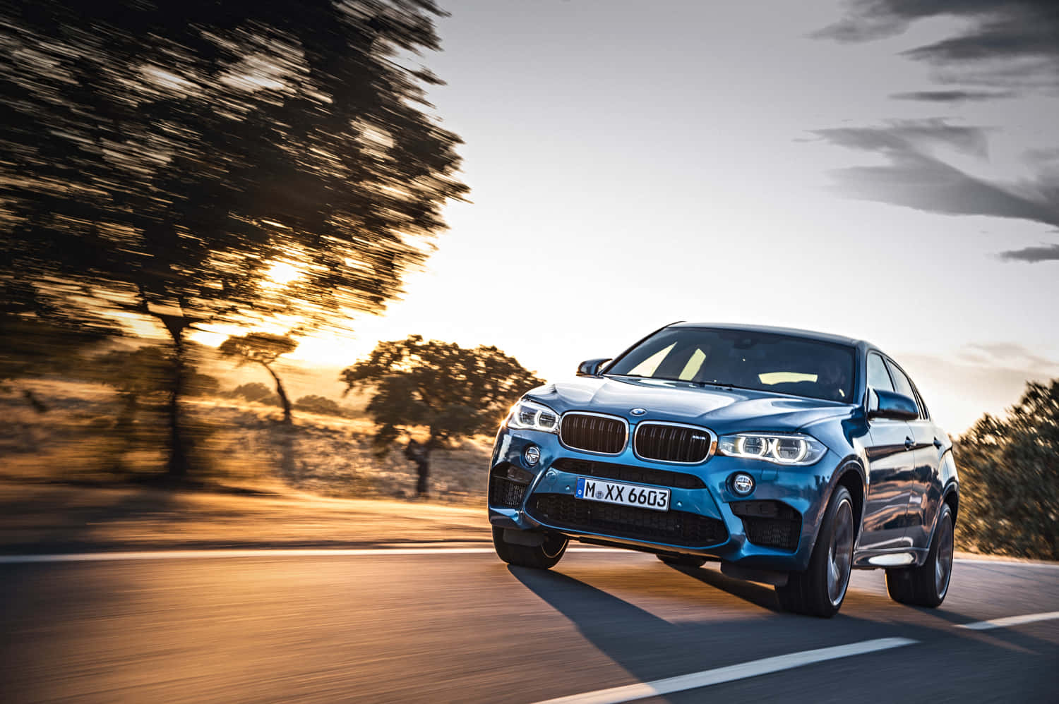 駕馭全新 BMW X6 M 壁紙 — 一架時尚的藍色BMW X6 M在日落時分沿著蜿蜒的道路飛馳，背景是模糊的樹木和金色的光線。