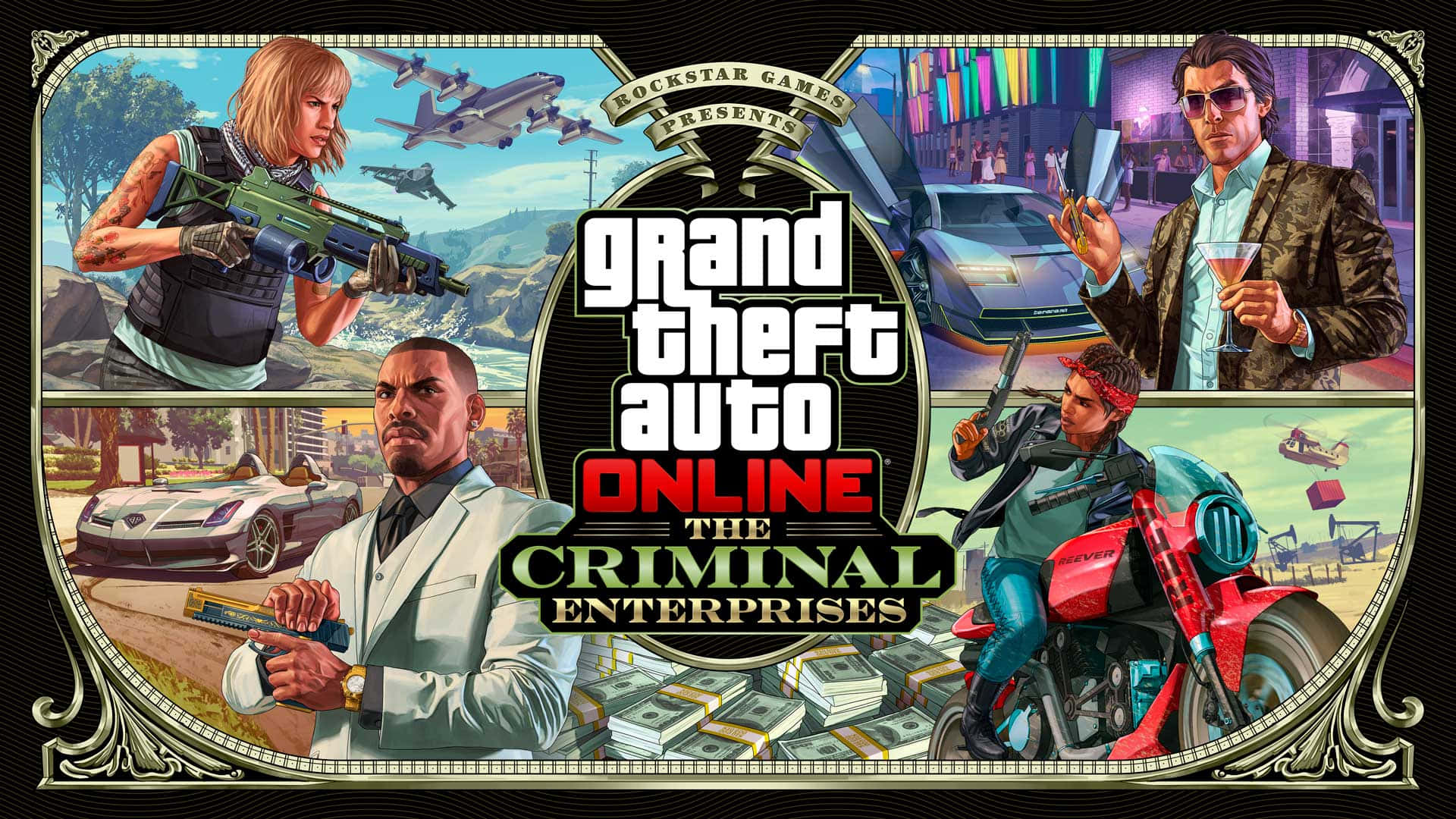 Grand Theft Auto Online 宣傳藝術，包含角色、汽車和金錢。
