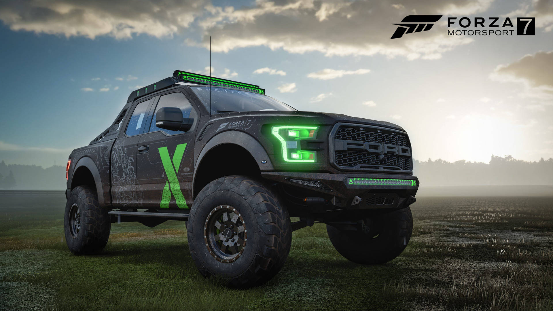 駕馭福特皮卡車征服 Forza 7 壁紙 — 一輛黑色福特F-150 Raptor，帶有發光綠色頭燈和「X」貼紙，站在草地上，天空多雲，這是Forza Motorsport的場景。