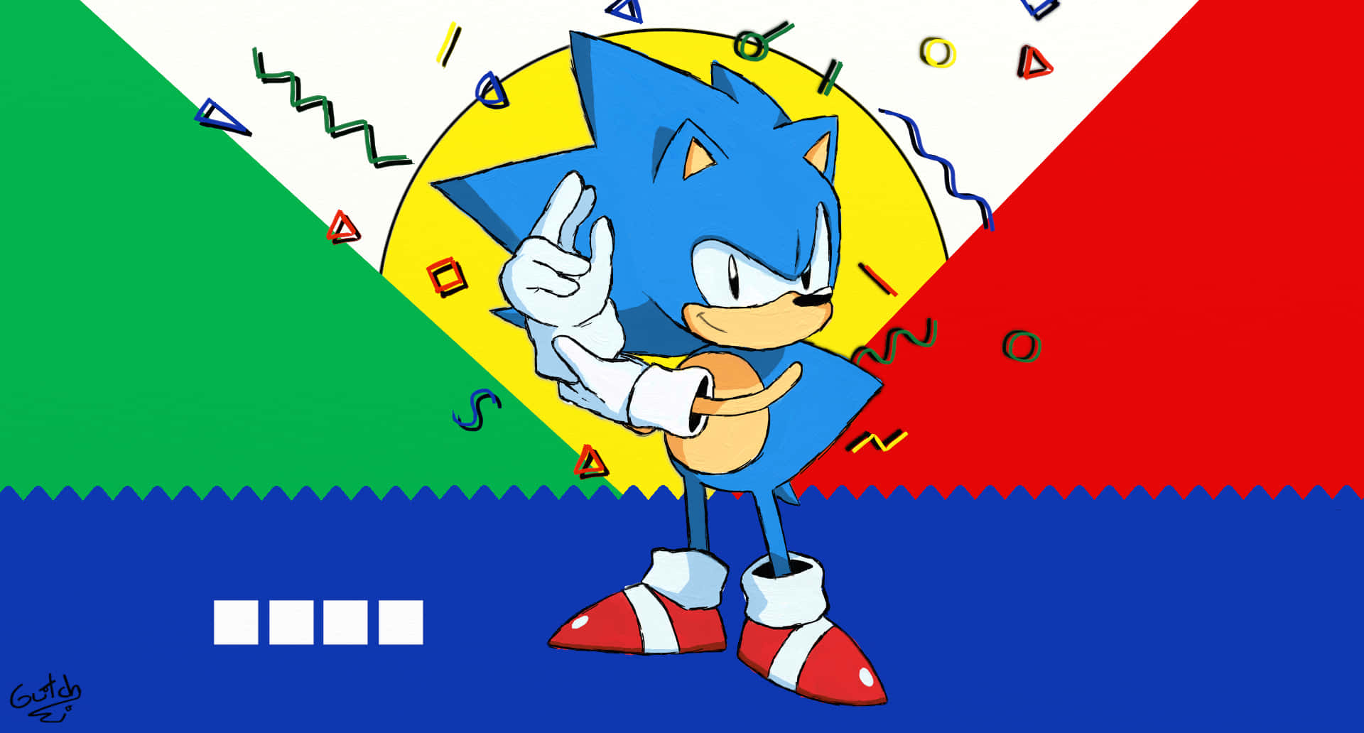 藍色刺蝟 Sonic the Hedgehog 在彩色幾何背景前比出和平手勢。