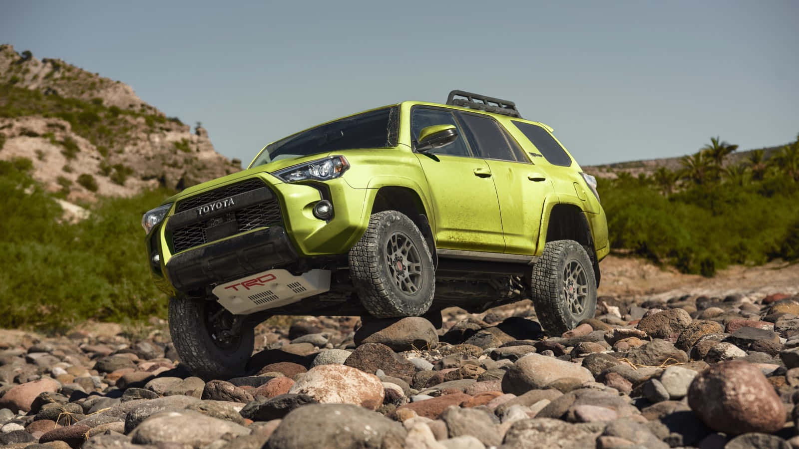 駕駛2023款Toyota 4Runner，盡享時尚風采 壁紙 — 一輛充滿活力的青檸綠色豐田 4Runner TRD 在晴朗的藍天下征服岩石沙漠小徑。