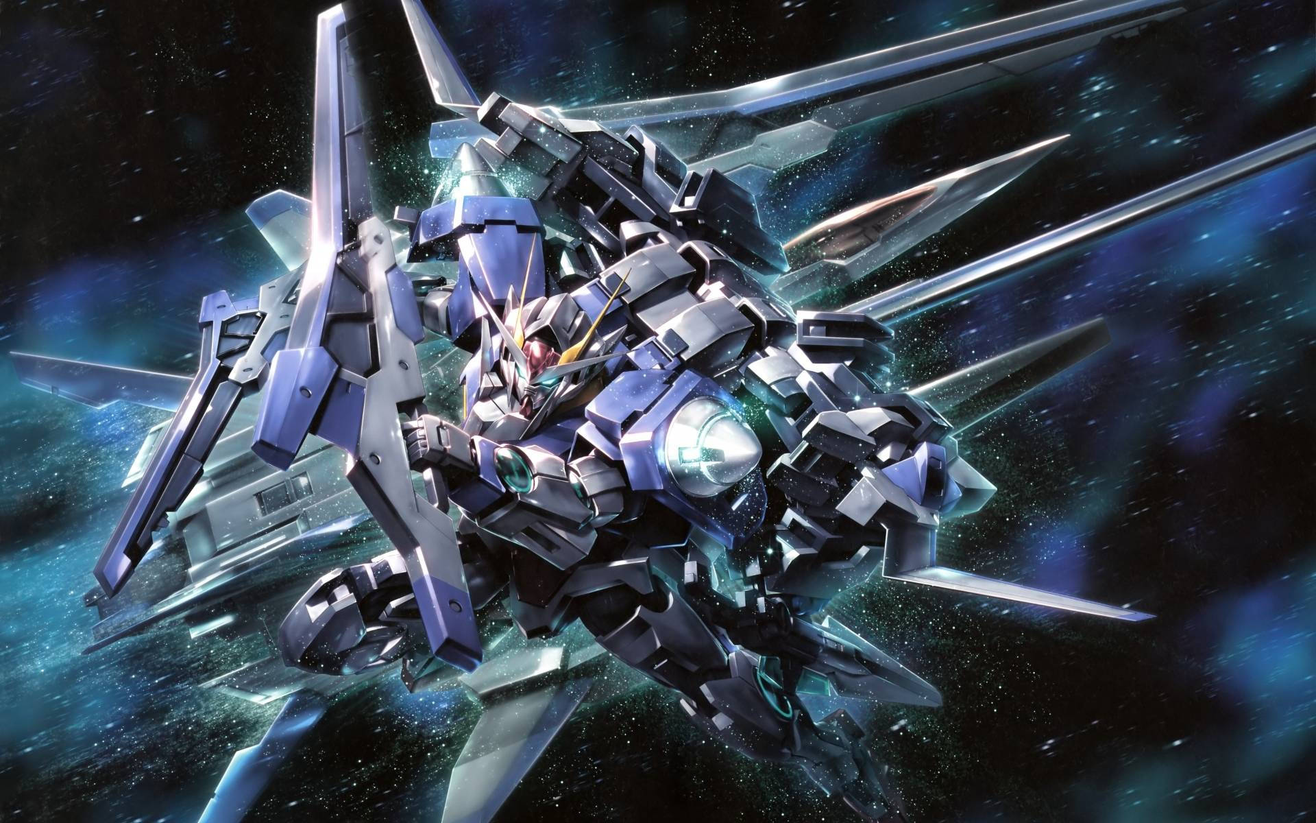 在太空中帶有發光部件和星空背景的詳細銀藍色機甲。