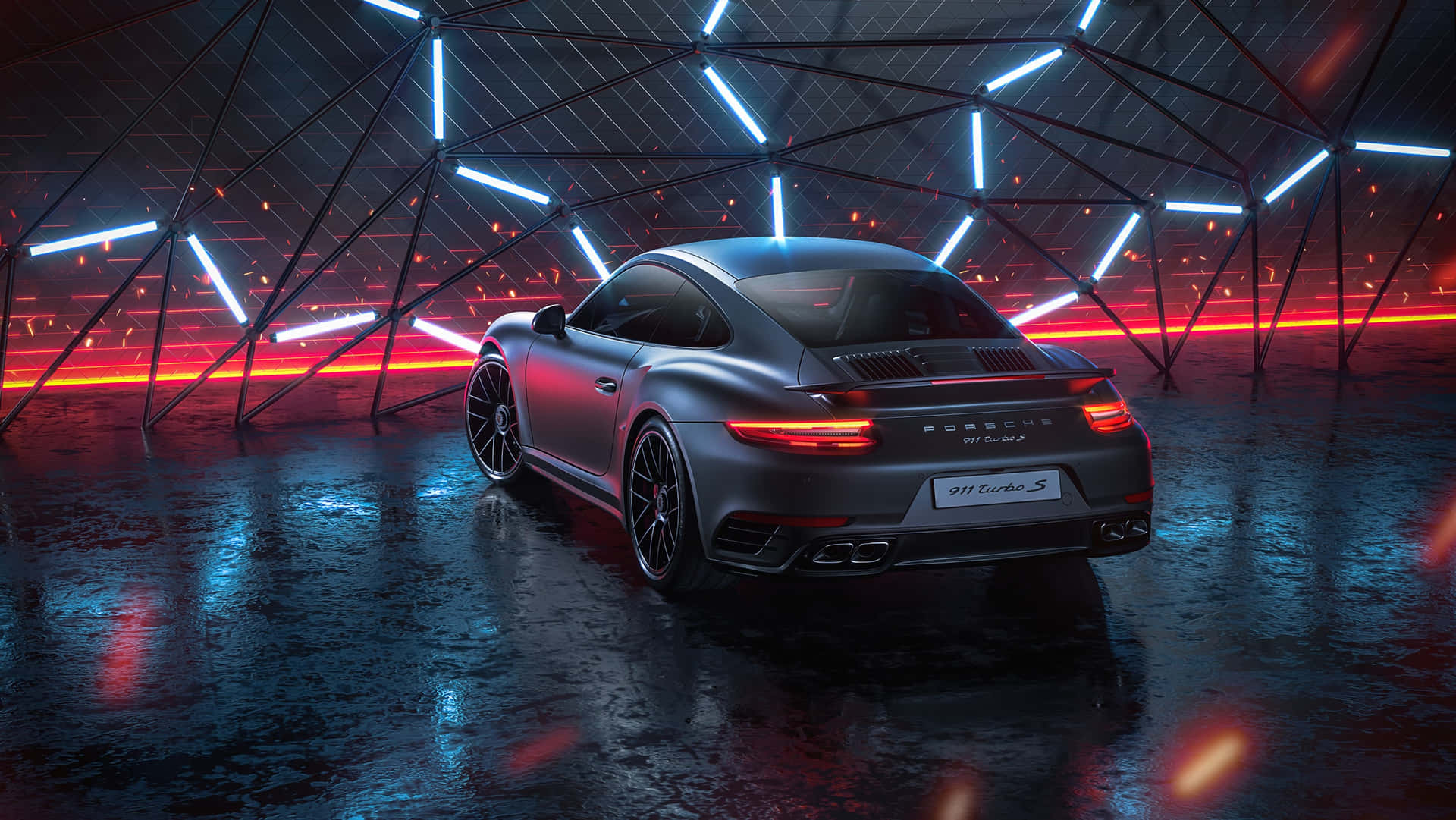 未來風格圓頂內，霓虹燈下的時尚灰色保時捷911 Turbo S。