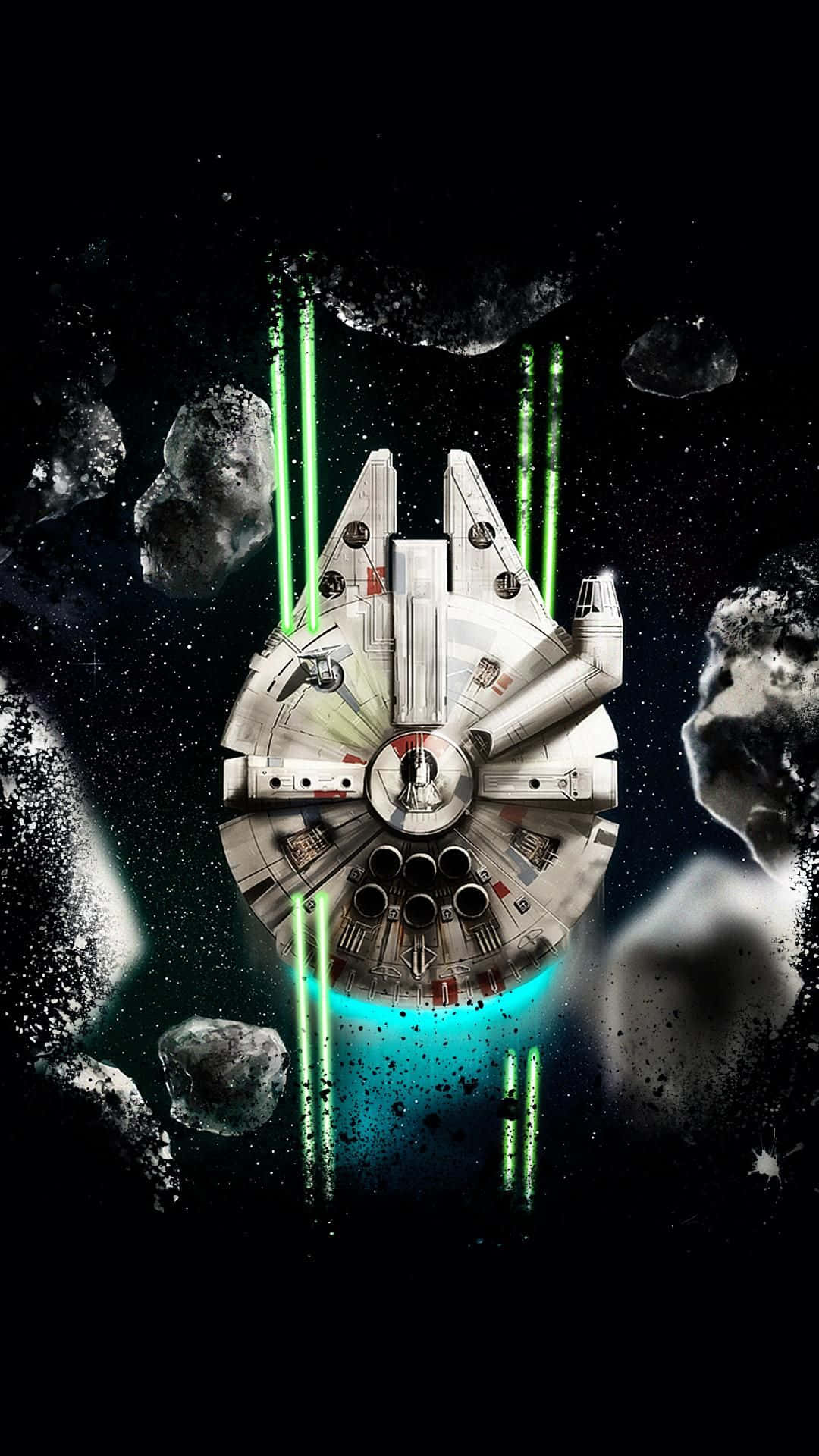 千年鷹號飛船在深空中穿過小行星帶發射綠色激光