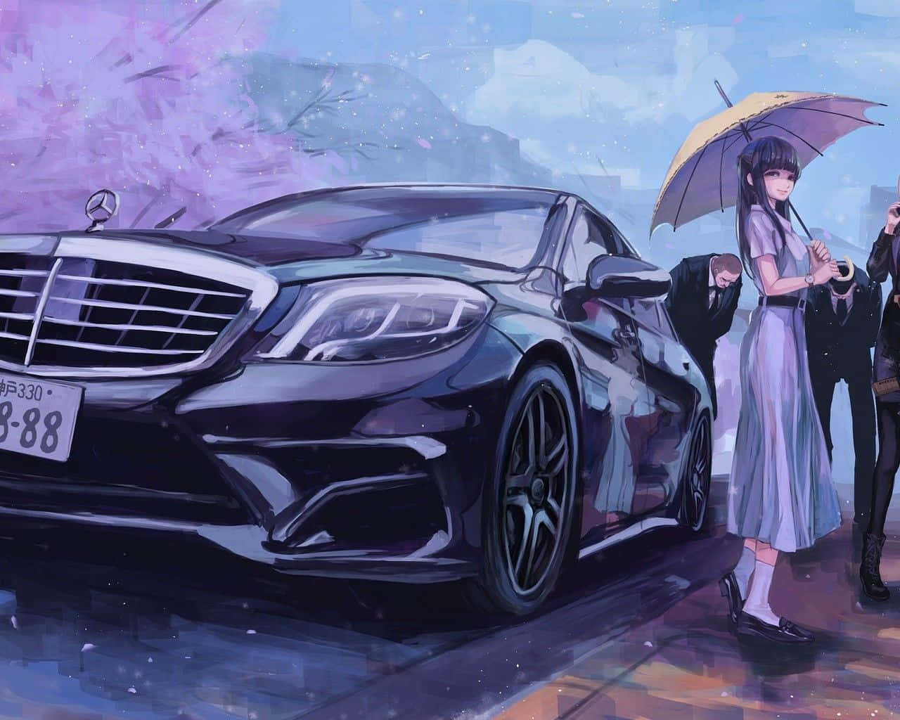 駕駛動漫風格座駕，享受前方旅程 壁紙 — 一架時尚的黑色平治房車在柔和暮色下閃閃發光，一位身穿薰衣草色連衣裙的女子在旁邊撐著傘，背景有櫻花飄落。