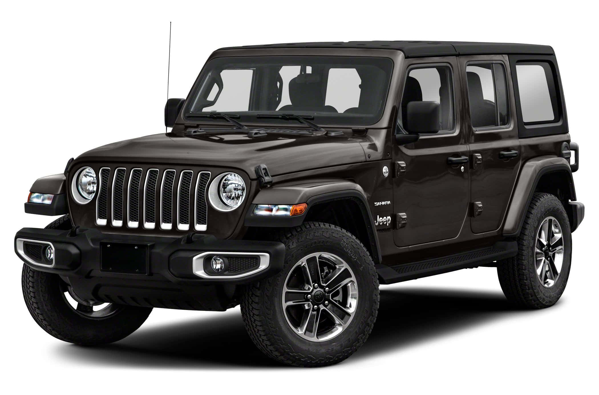 黑色Jeep Wrangler SUV 工作室拍攝，帶有鍍鉻飾件和越野輪胎。
