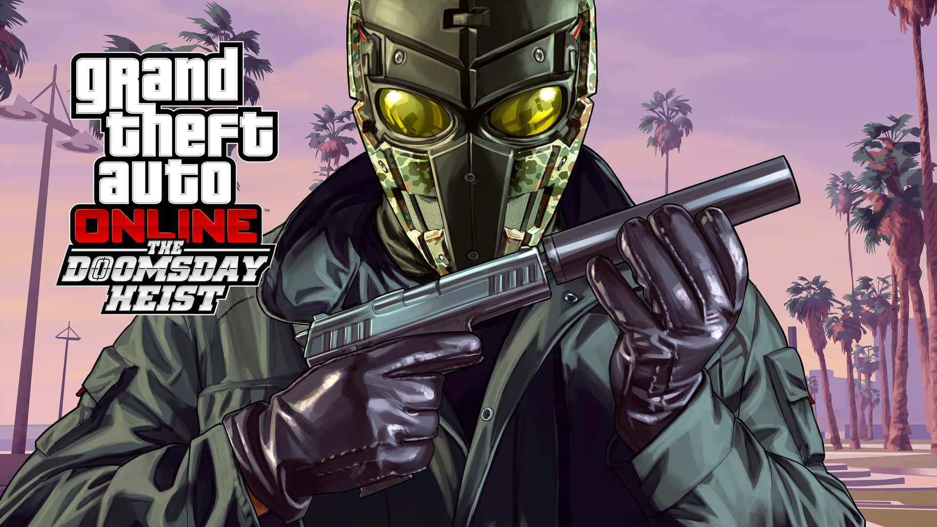 GTA Online Doomsday Heist 戴面具角色在日落時手持消音手槍。