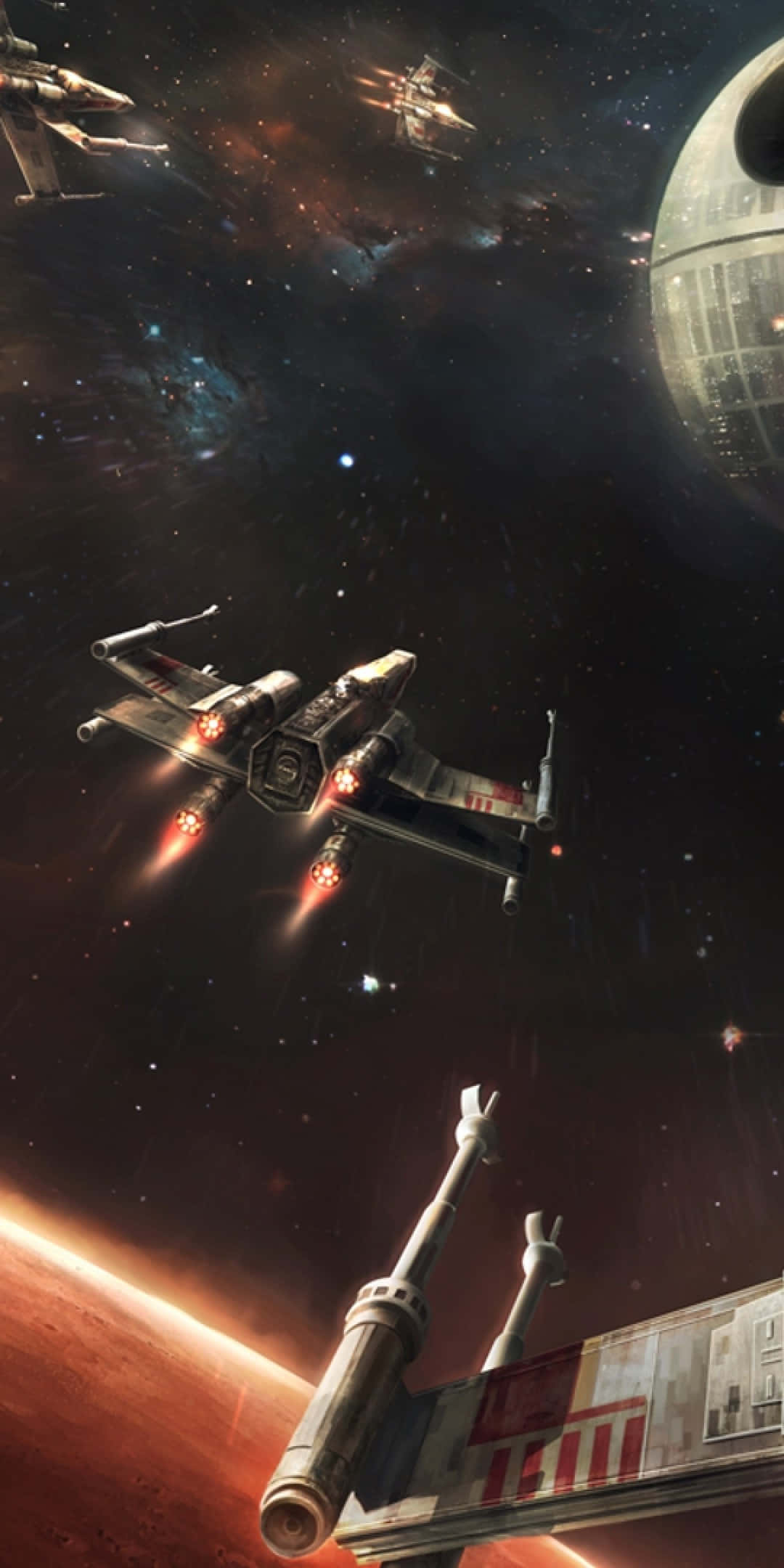 駕駛星際大戰經典X翼戰機翱翔天際 壁紙 — X-wing 戰機在充滿星星的太空、行星和死星附近翱翔，引擎拖曳著火焰。