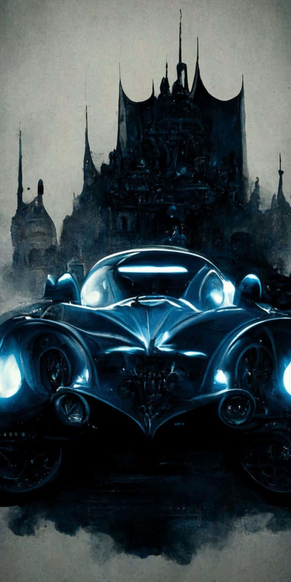 未來主義汽車，車頭燈發光，位於哥德式城堡前，黃昏時分。