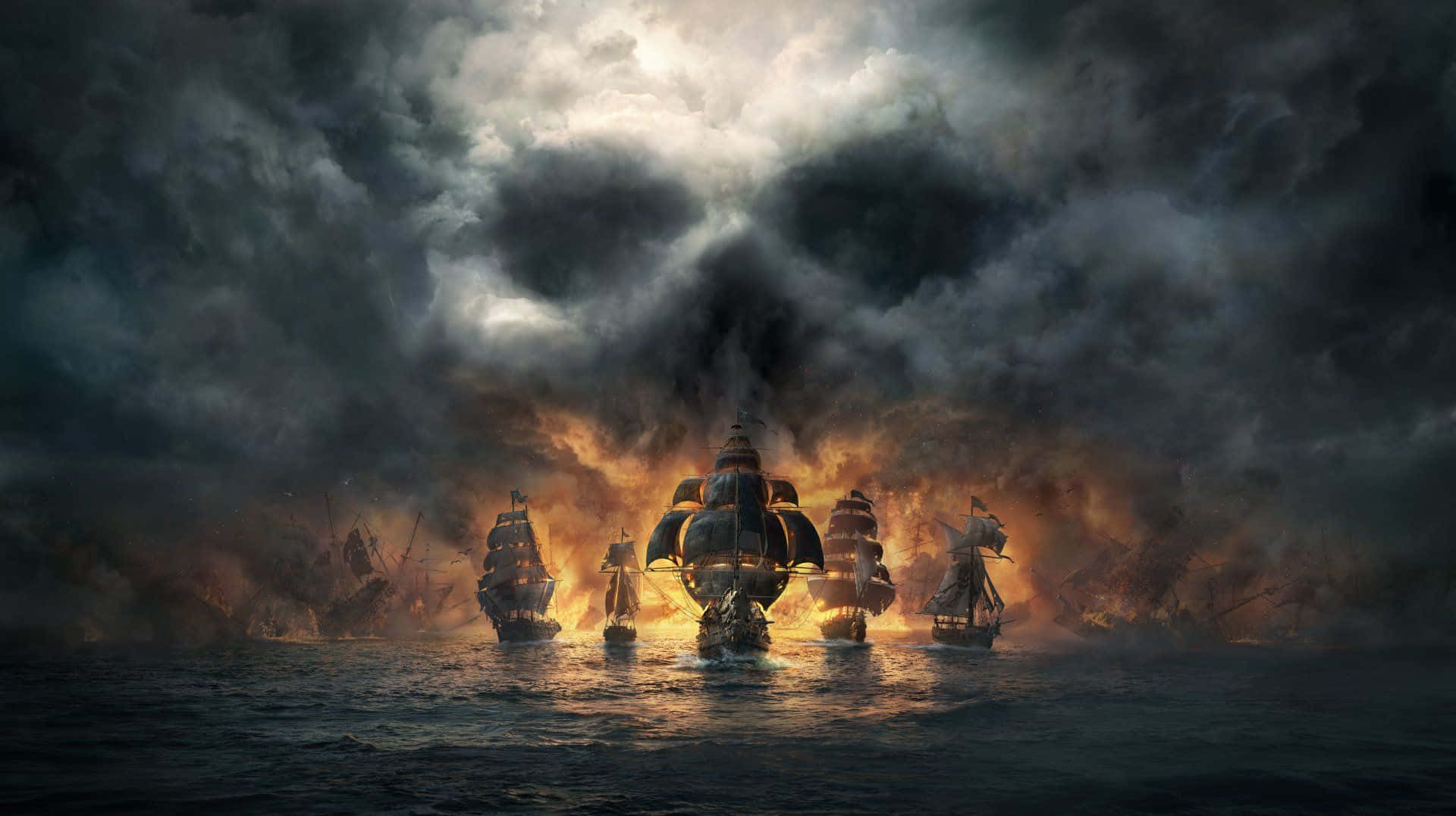 駕駛木船穿越險惡海域，尋找隱藏的寶藏 壁紙 — 加里昂戰艦在暴風雨的天空下戰鬥，熾熱的爆炸照亮了黑暗的大海。