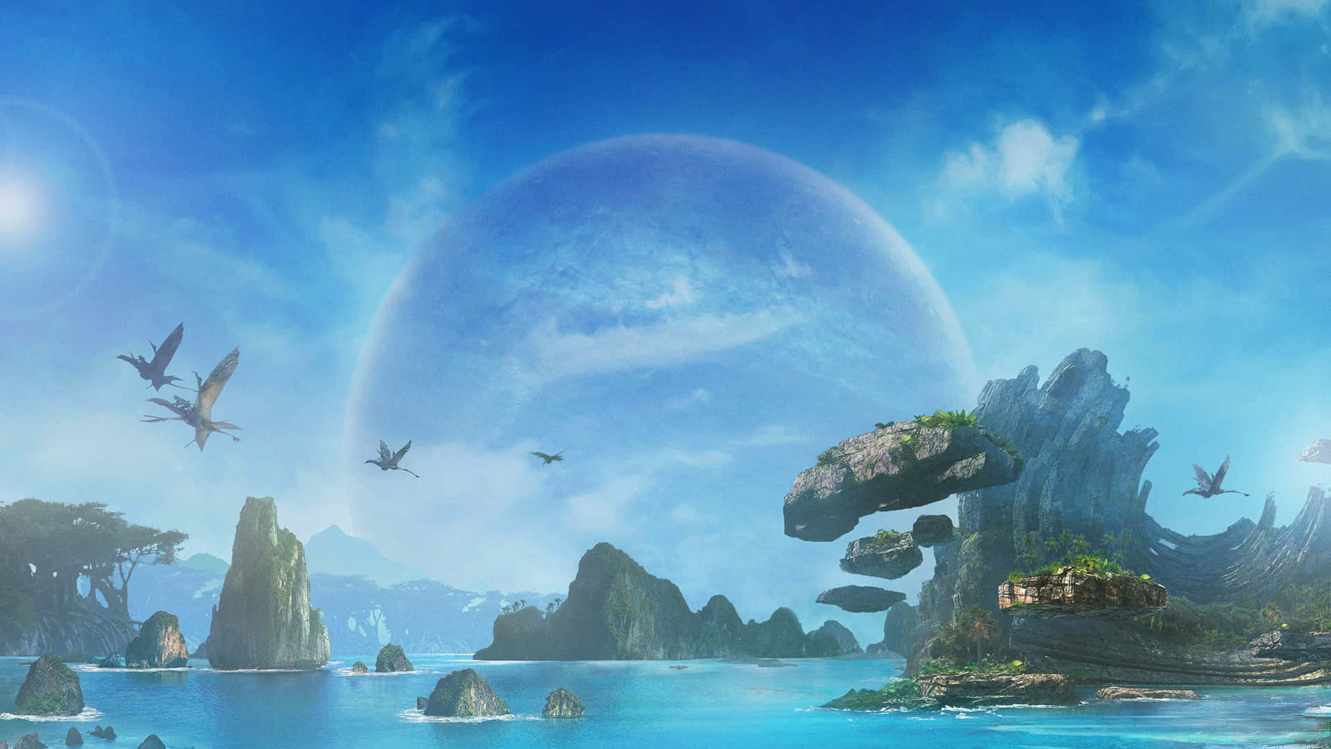在巨大藍色行星下，浮空島嶼與飛行的爬行動物。