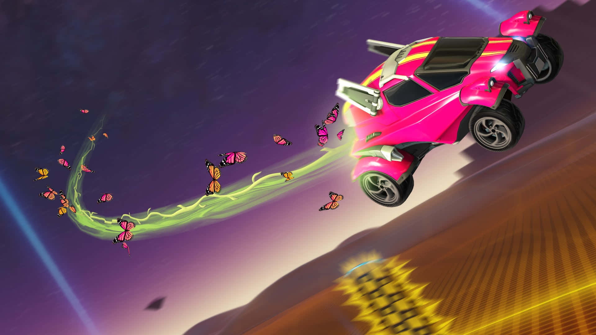 駕駛火箭動力賽車，飛躍至巔峰——《Rocket League》 壁紙 — 一輛充滿活力的粉紅色火箭車在紫色天空中疾馳，留下一串發光的蝴蝶和霓虹燈。