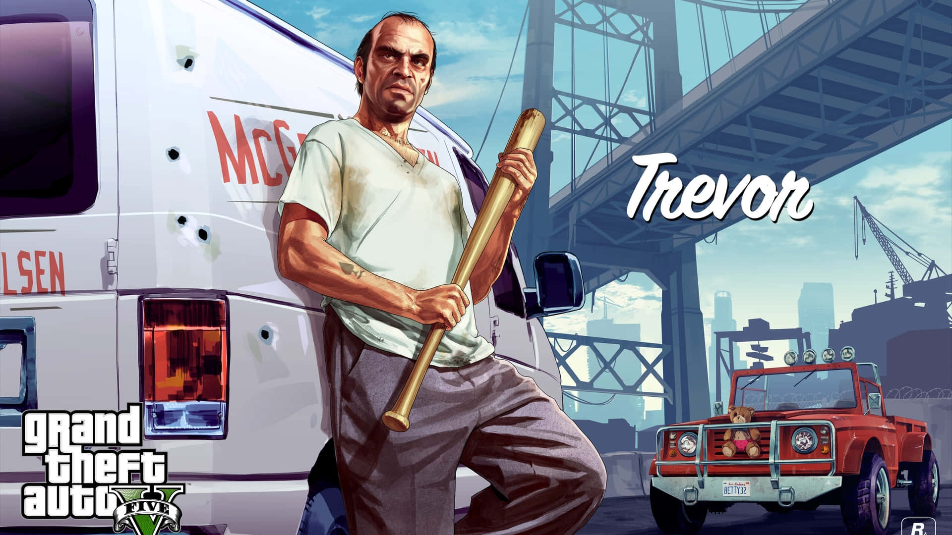 駕駛穿越GTA 5的洛聖都 壁紙 — 《俠盜獵車手V》的崔佛站在橋下，手持棒球棍，旁邊有一輛受損的貨車，氣勢洶洶。
