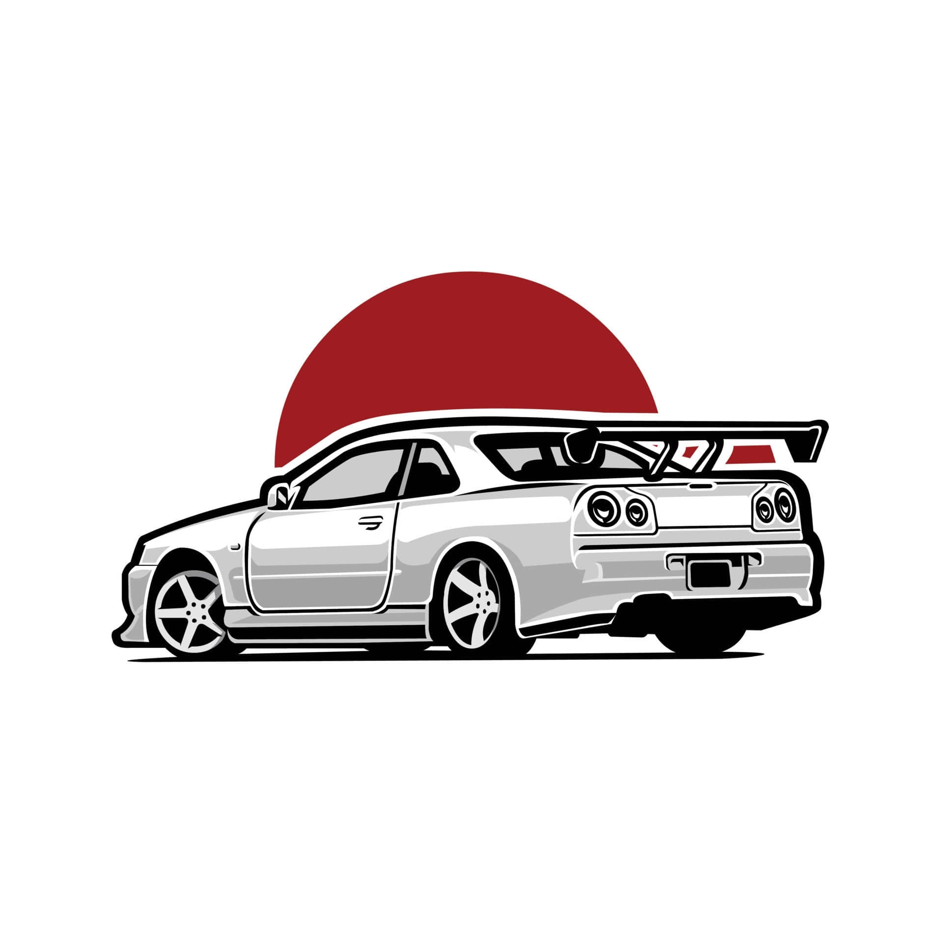 駕駛經典JDM跑車，奔向未來 壁紙 — 一架流線型銀色跑車配備大型後翼，以側面輪廓展示在鮮豔的紅色太陽前。