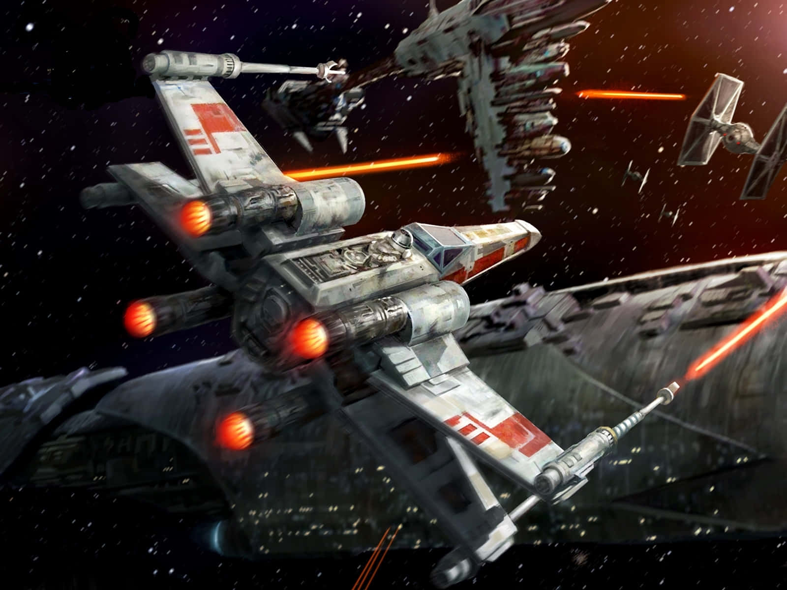 駕駛經典X翼戰機翱翔銀河 壁紙 — X-wing 戰機在混亂的太空戰中向 TIE 戰機發射紅色激光，附近有一艘巨大的星際驅逐艦。