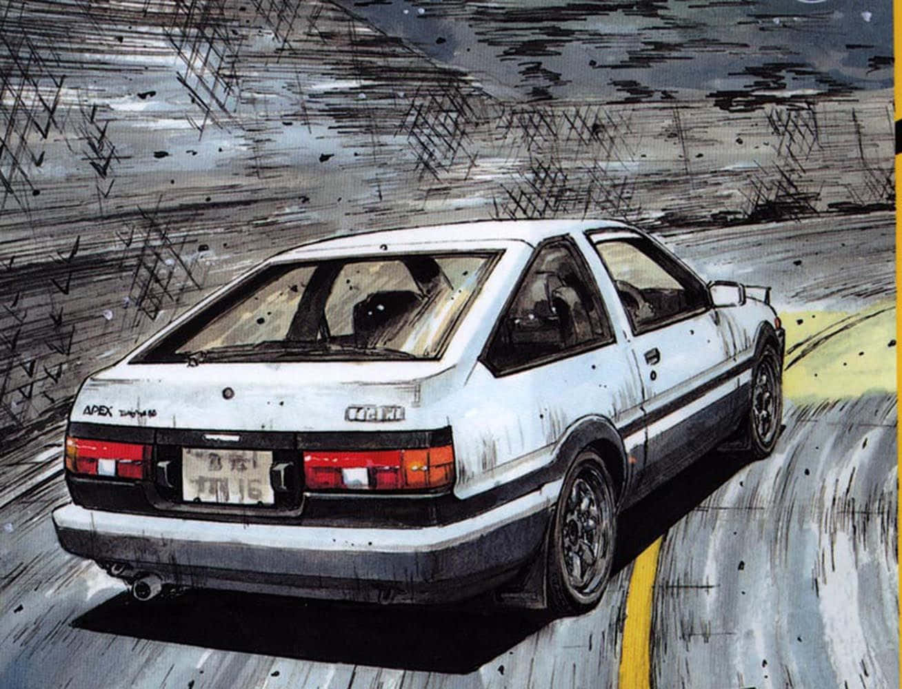 駕駛這輛動漫車，讓引擎熱血沸騰 壁紙 — 一輛白色AE86跑車在濕滑路面上急劇飄移，帶有動態運動線條和粗糙的城市背景。