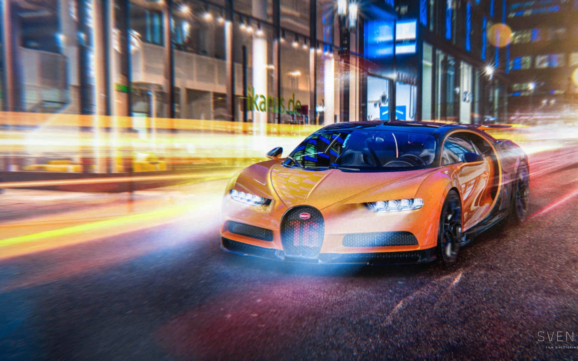 橙色Bugatti Chiron在夜間穿過發光的城市。