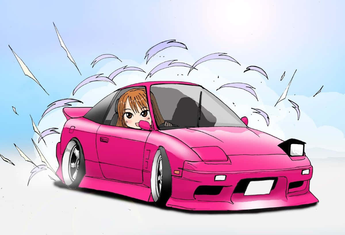 駕駛這輛時尚動漫賽車，暢遊城市 壁紙 — 一輛充滿活力的粉紅色跑車在明亮的藍天下，由一位開朗的動畫女孩駕駛漂移。