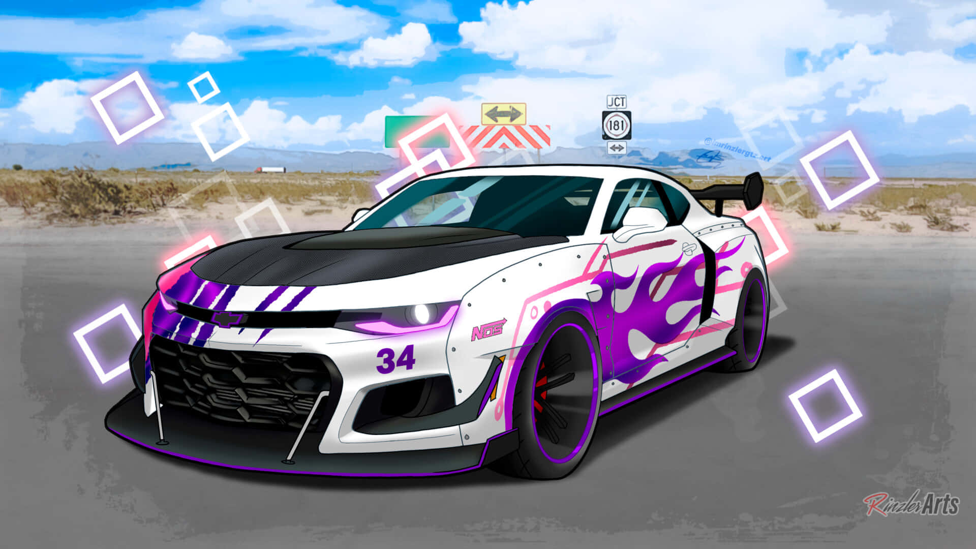 駕駛這輛獨特動漫賽車，風馳電掣 壁紙 — 一輛帶有紫色火焰貼花的黑白賽車，在藍天白雲下的沙漠公路上疾馳。