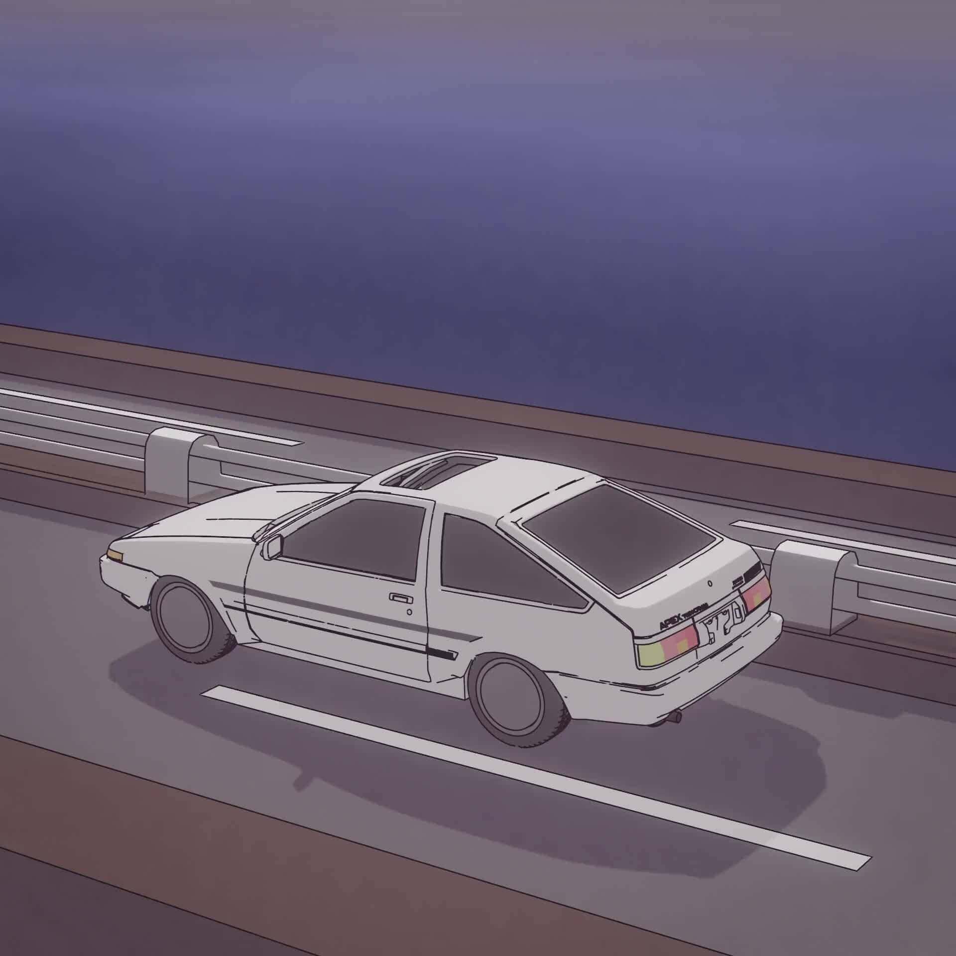 白色跑車在紫色黃昏的高速公路上疾馳