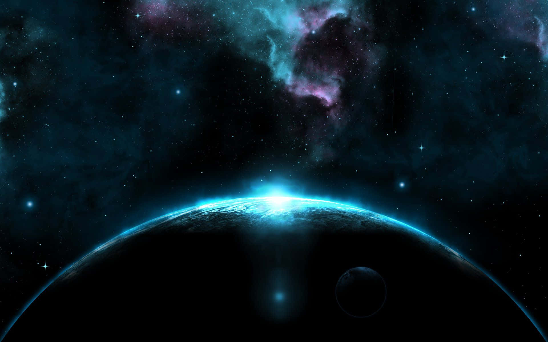 一顆發光的藍色行星，背景有星雲