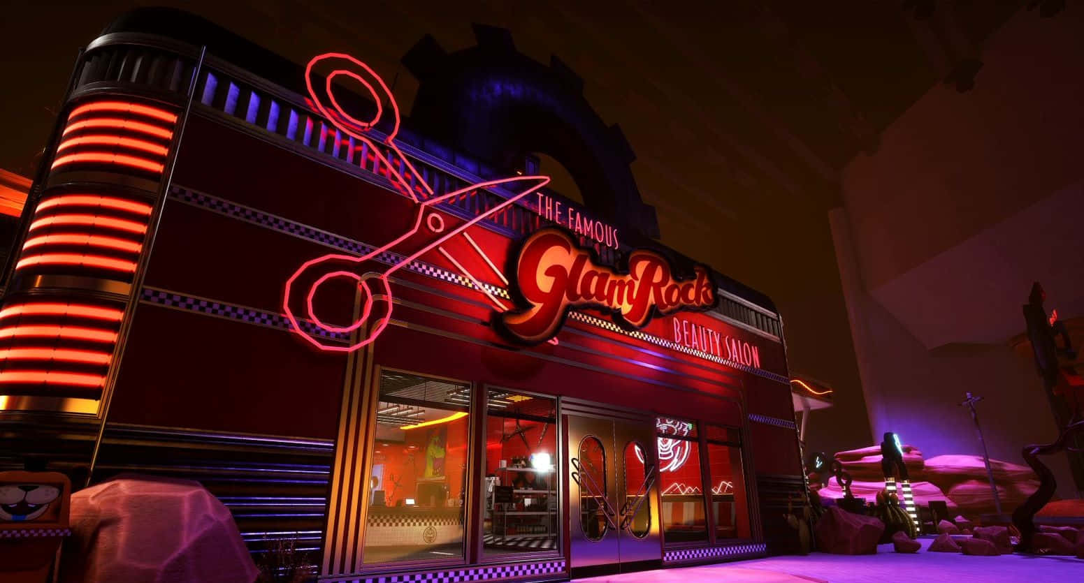 GlamRock美容院，夜間發光的霓虹剪刀招牌。