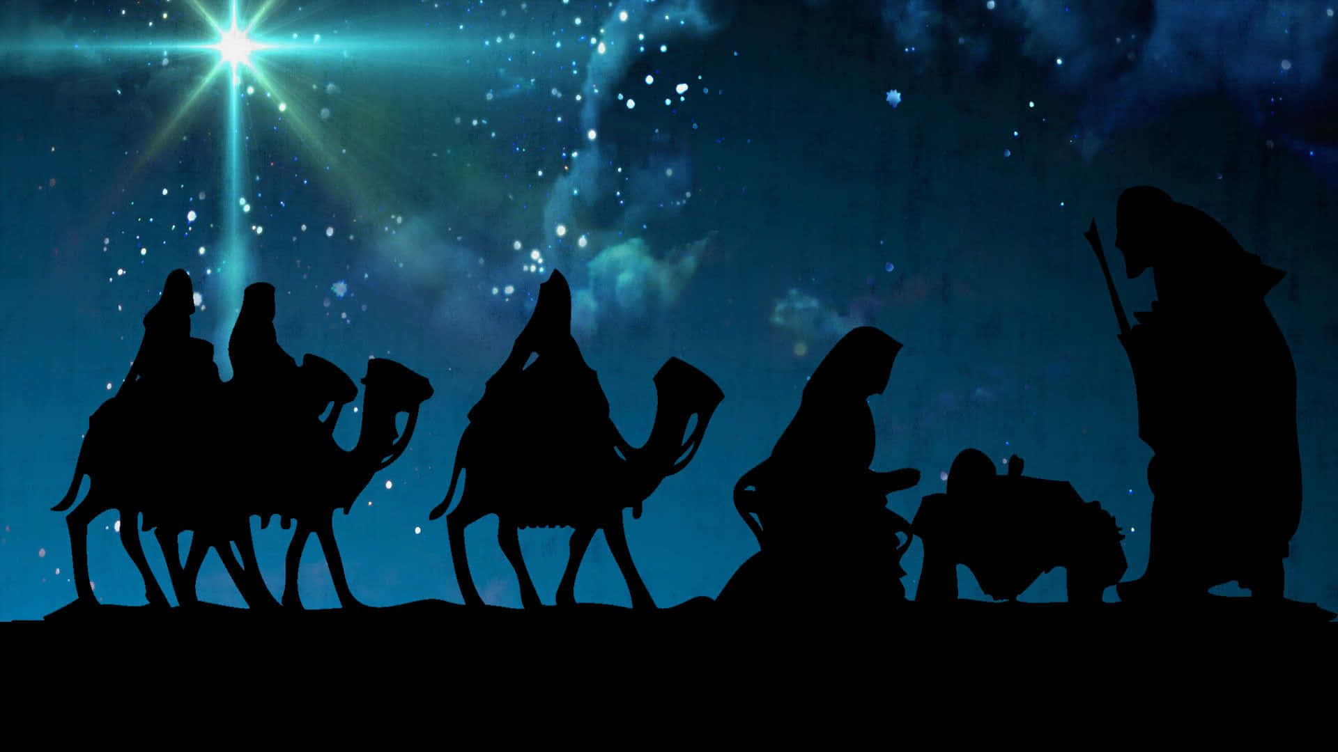Nativity 桌布 壁紙 — 駱駝上的智者與跪拜者的剪影，仰望繁星夜空中的一顆璀璨星辰。