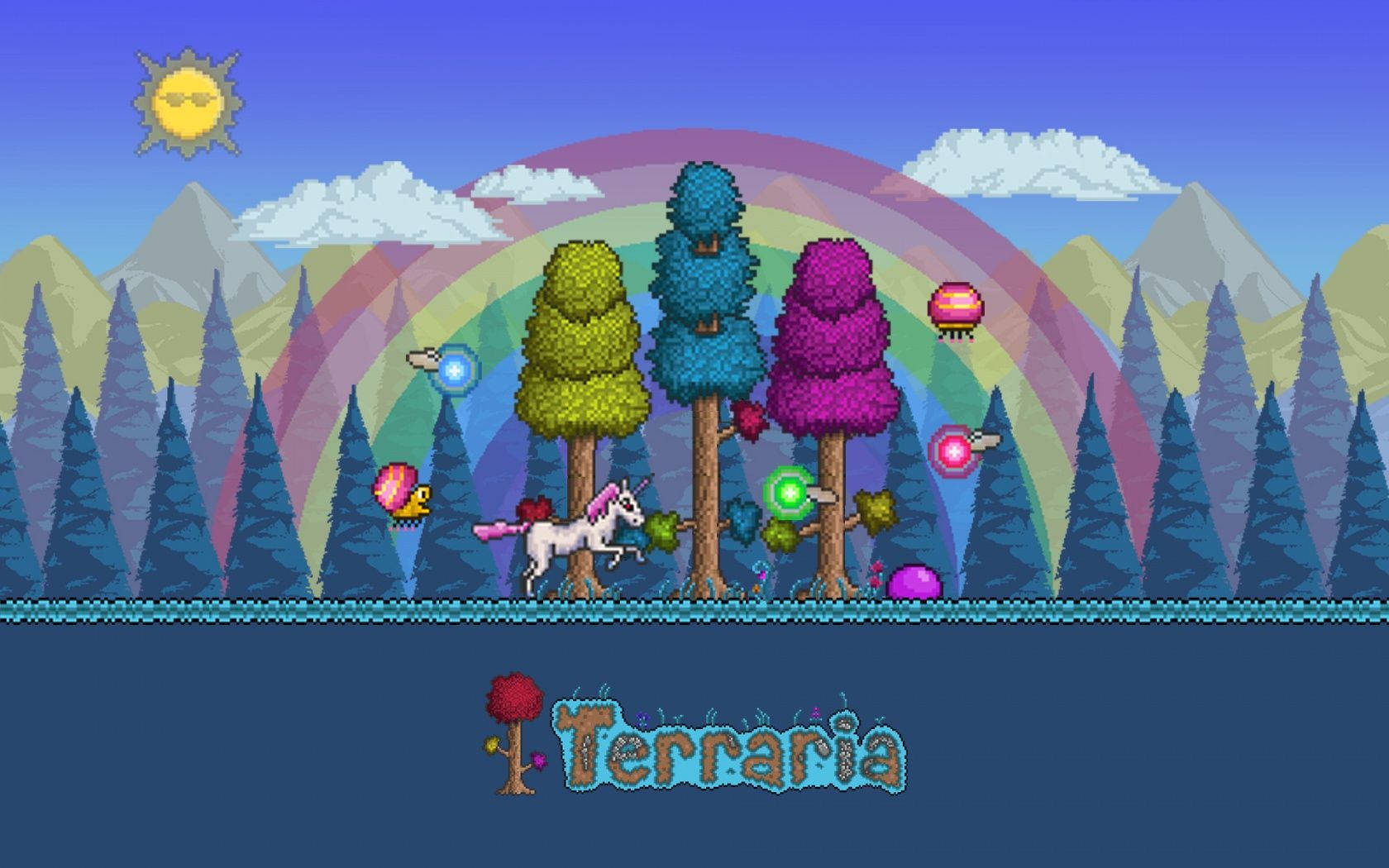 像素藝術獨角獸在 Terraria 遊戲中穿過彩虹森林奔跑。