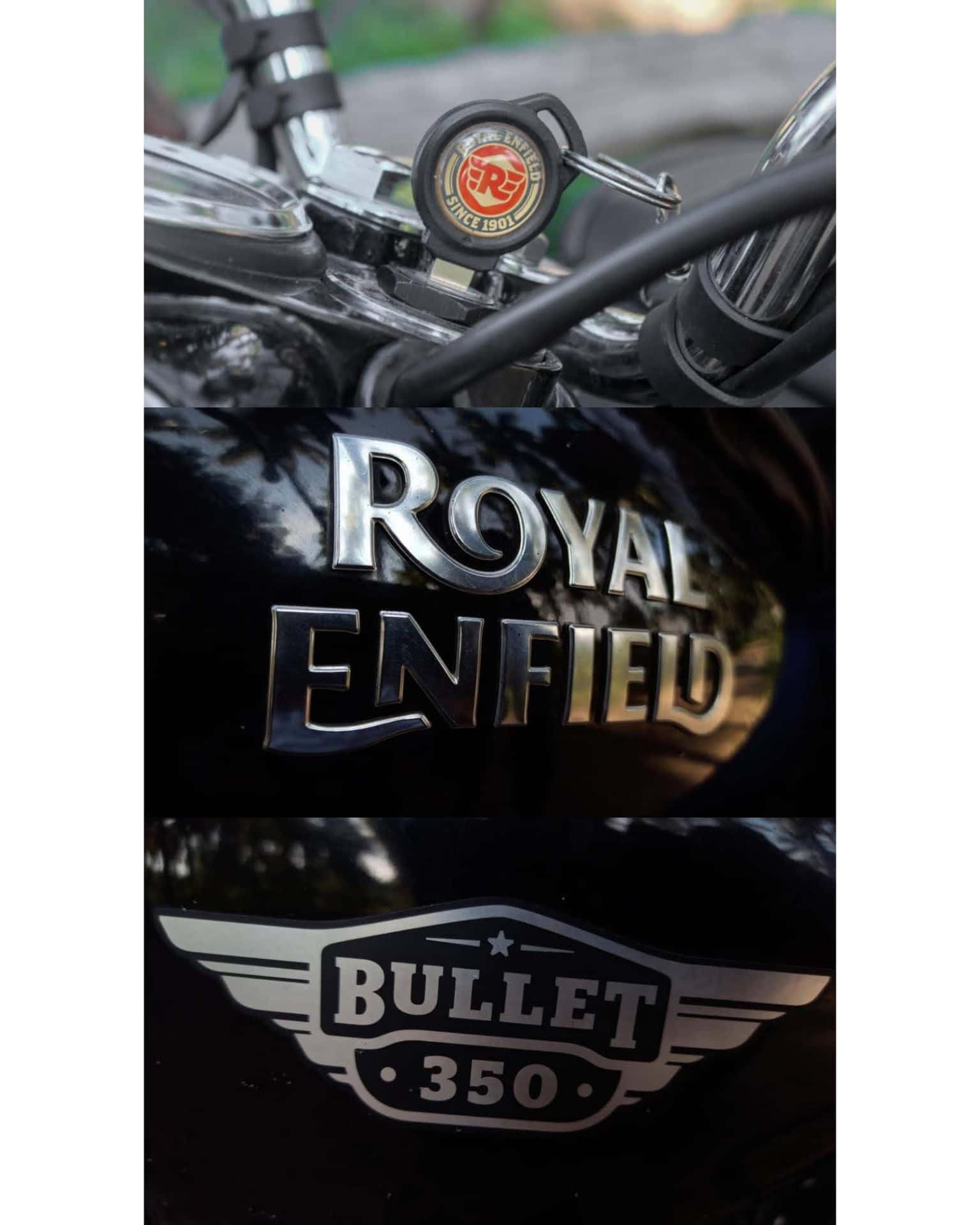 Royal Enfield Bullet 350 電單車標誌和鍍鉻細節特寫。