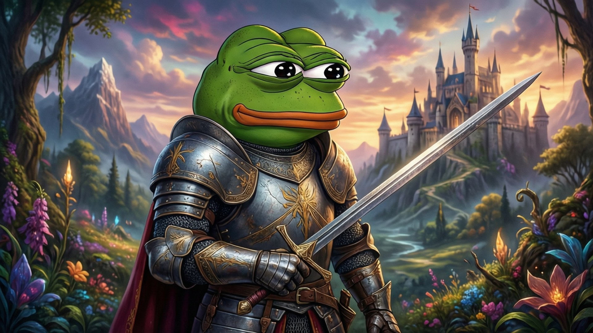 Pepe the Frog 打扮成騎士，在日落時分於城堡前手持寶劍。
