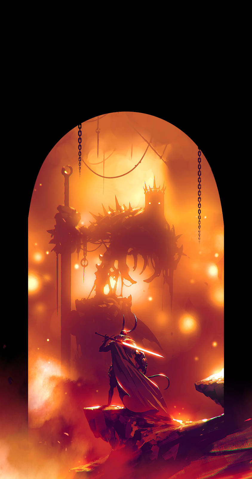 騎士與魔物燃燒房間手機壁紙 壁紙 — 一個孤獨的戰士手持發光劍，站在一個巨大的龍形剪影前，龍形剪影被一道拱門框住，拱門沐浴在熾熱的橙色光芒中。